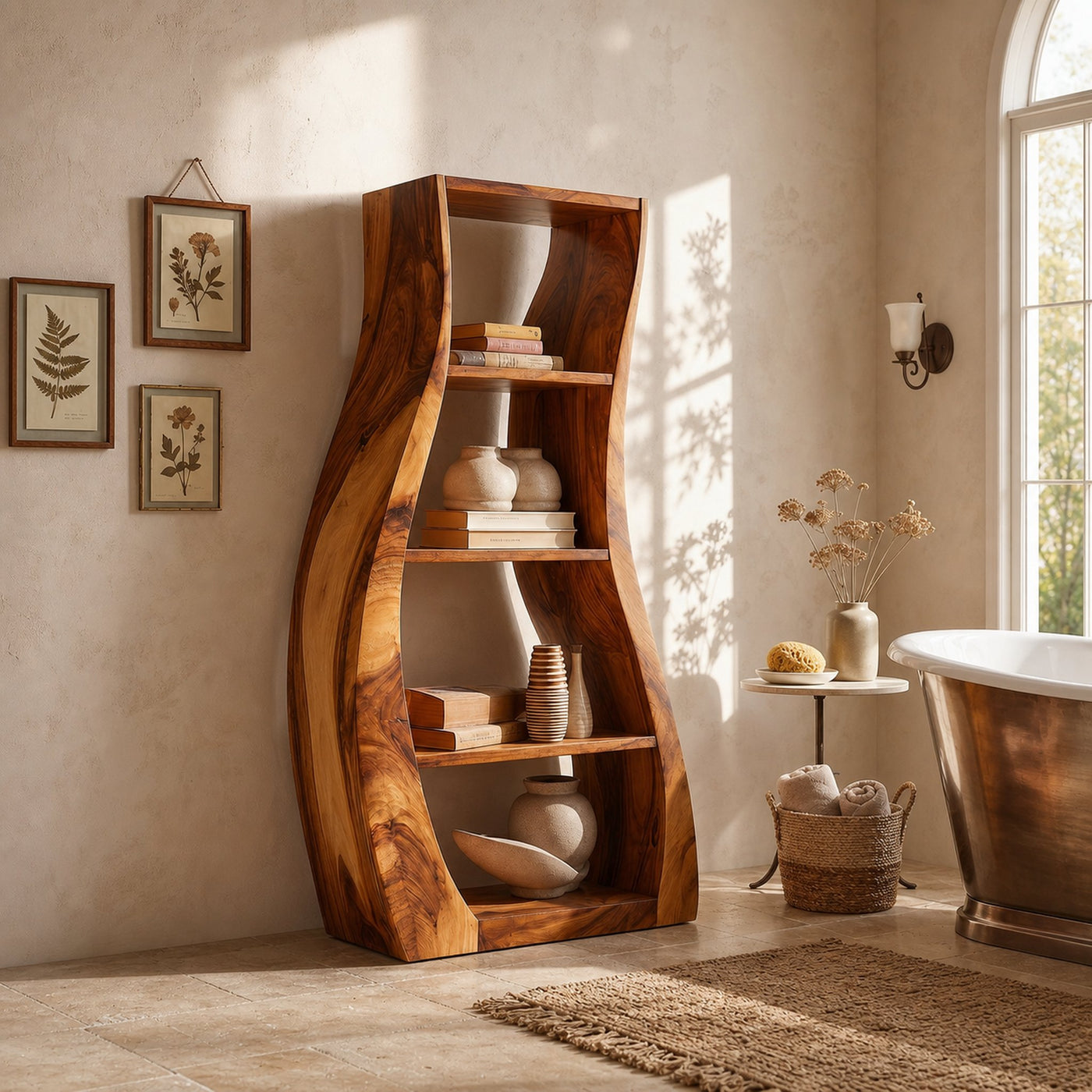 Minimalist Sculpted Wooden Accent Shelf With Flowing Silhouette - product view 6