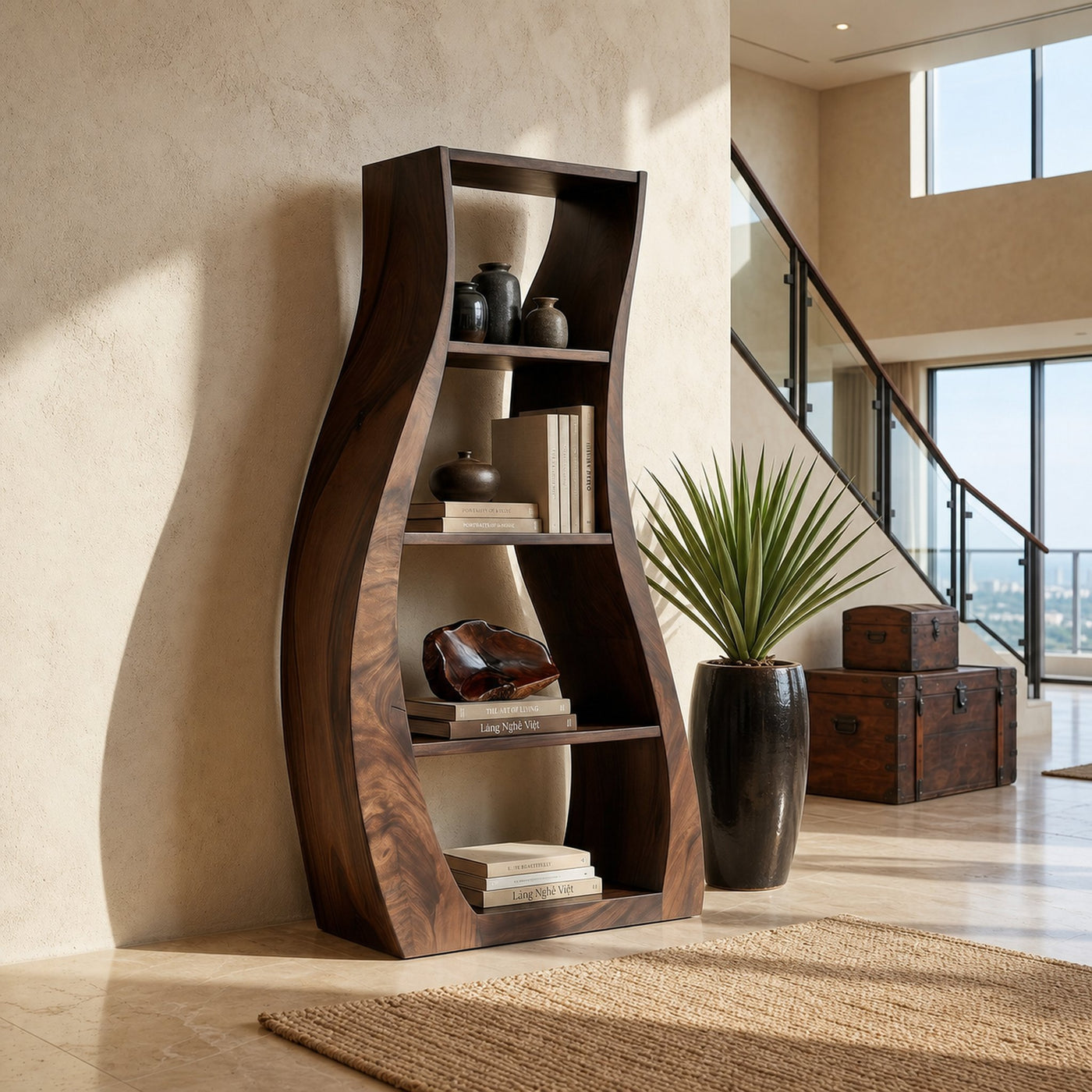 Minimalist Sculpted Wooden Accent Shelf With Flowing Silhouette - product view 7