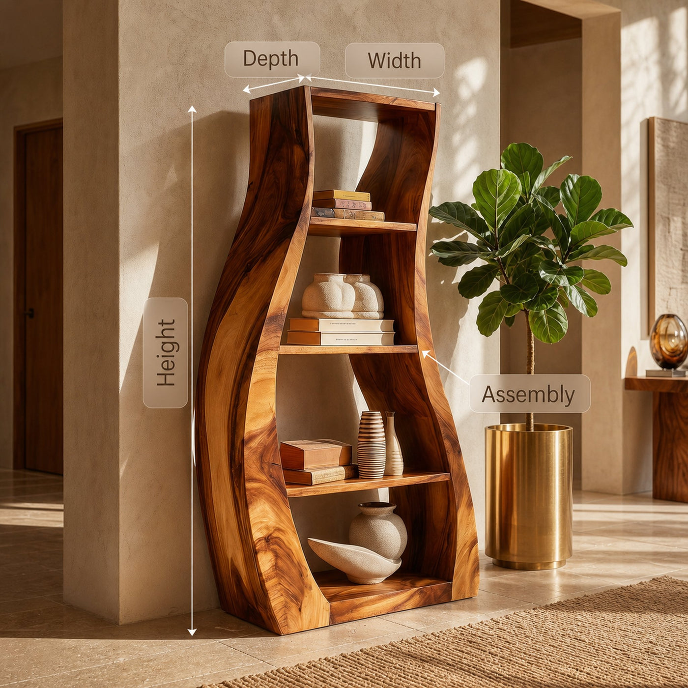 Minimalist Sculpted Wooden Accent Shelf With Flowing Silhouette - product view 8