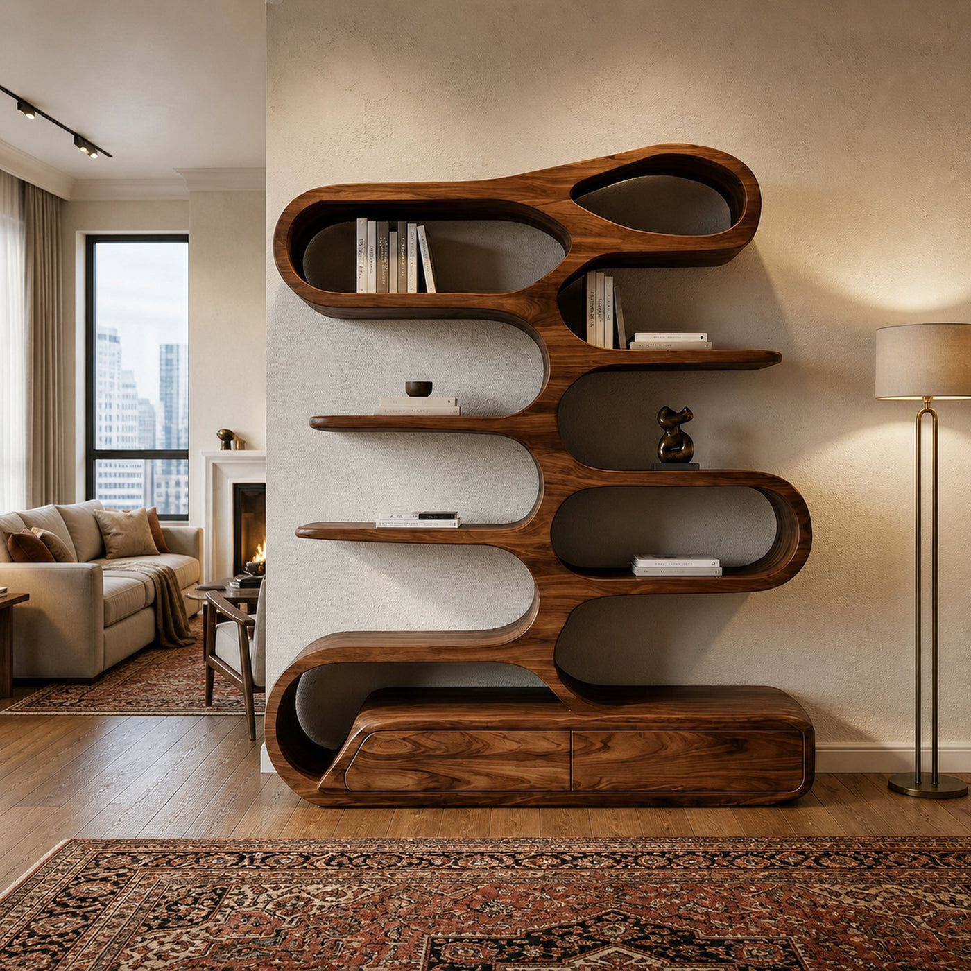 Minimalist Sculptural Bookshelf With Rounded Compartments For Reading Room