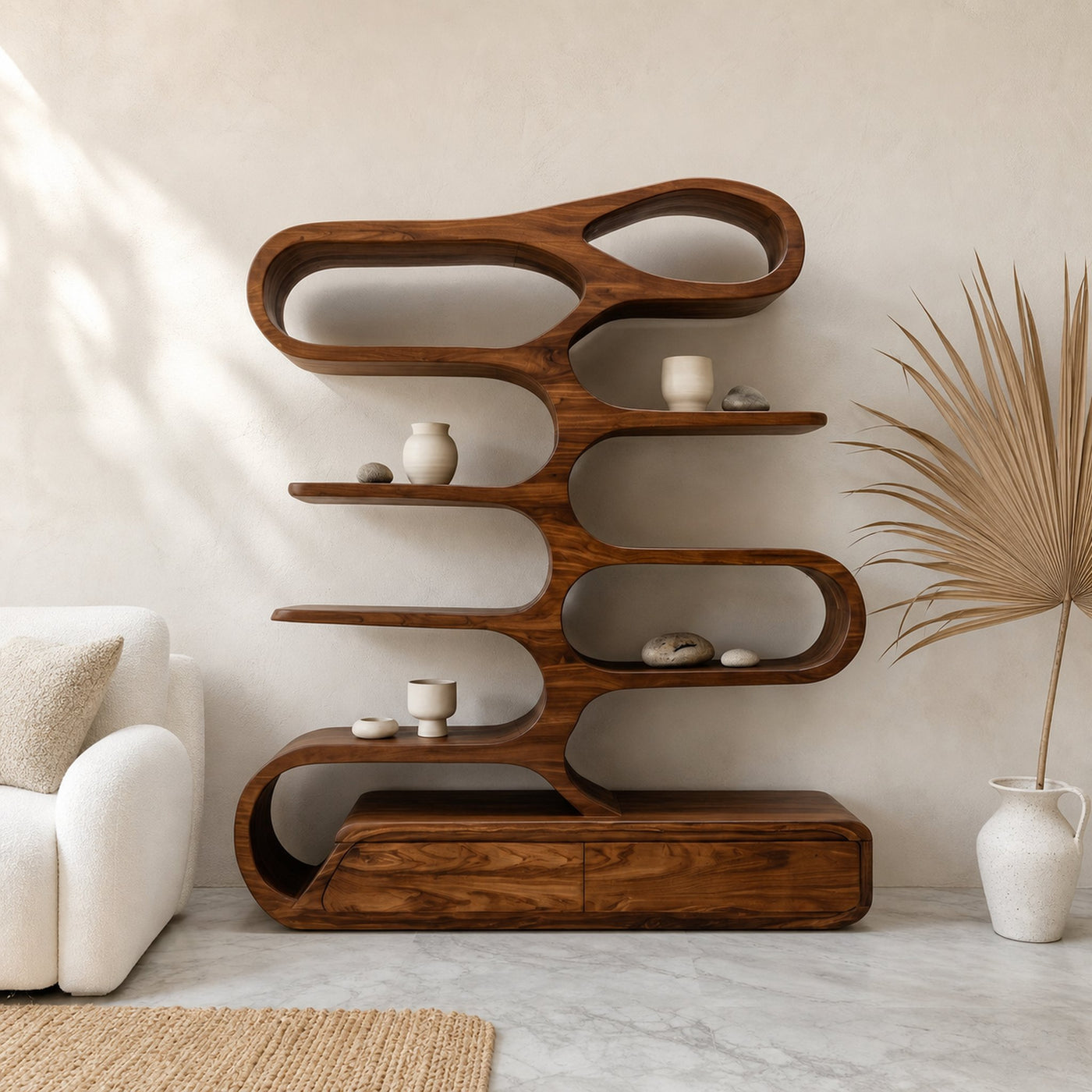 Minimalist Sculptural Bookshelf With Rounded Compartments For Reading Room - product view 6