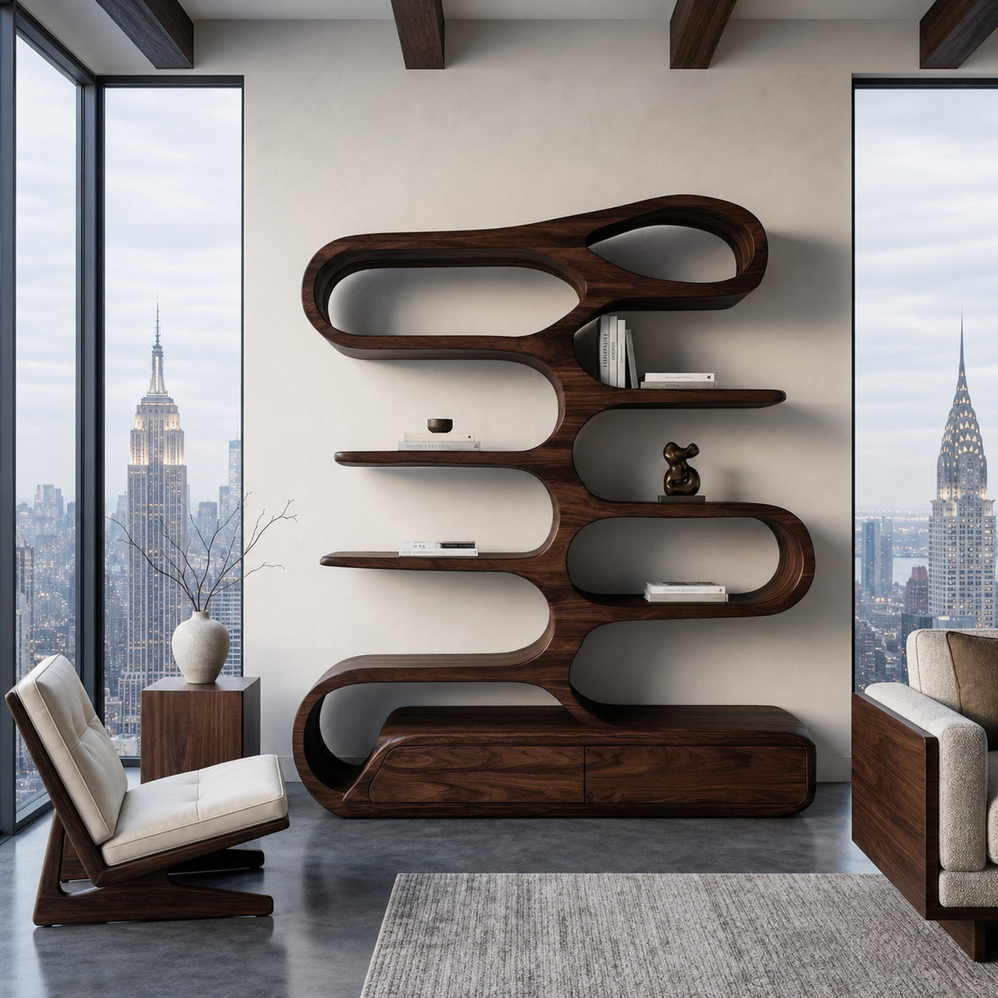 Minimalist Sculptural Bookshelf With Rounded Compartments For Reading Room - product view 7