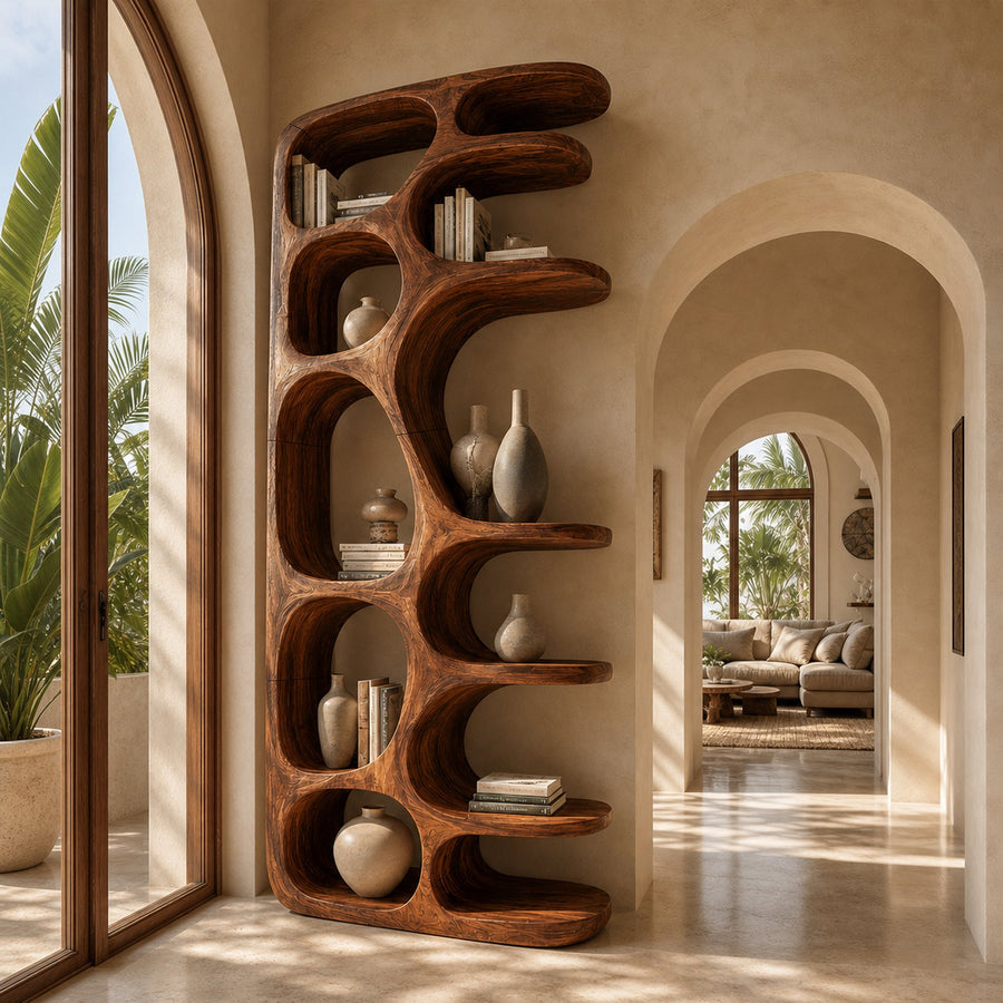 Minimalist Sculptural Bookshelf With Solid Wood Construction For Living Room