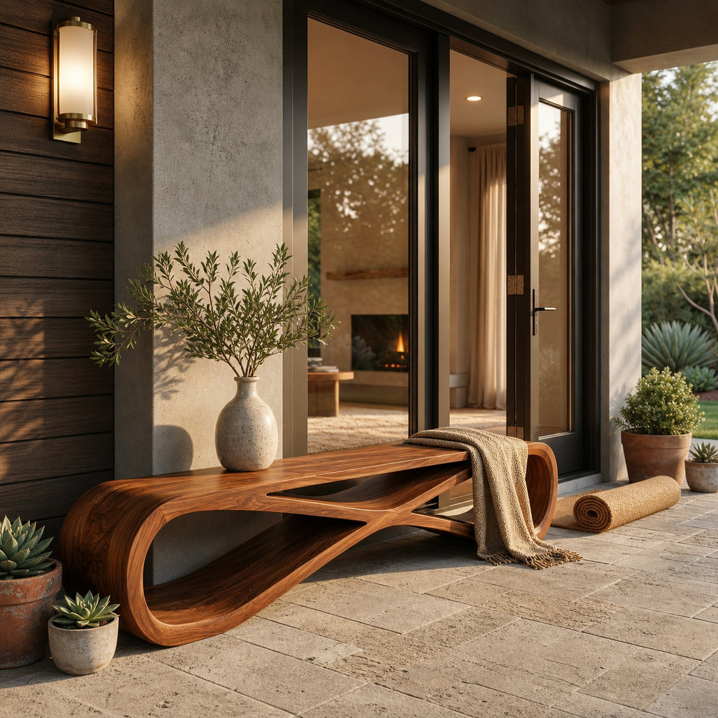 Minimalist Sculptural Wood Bench For Home Entry