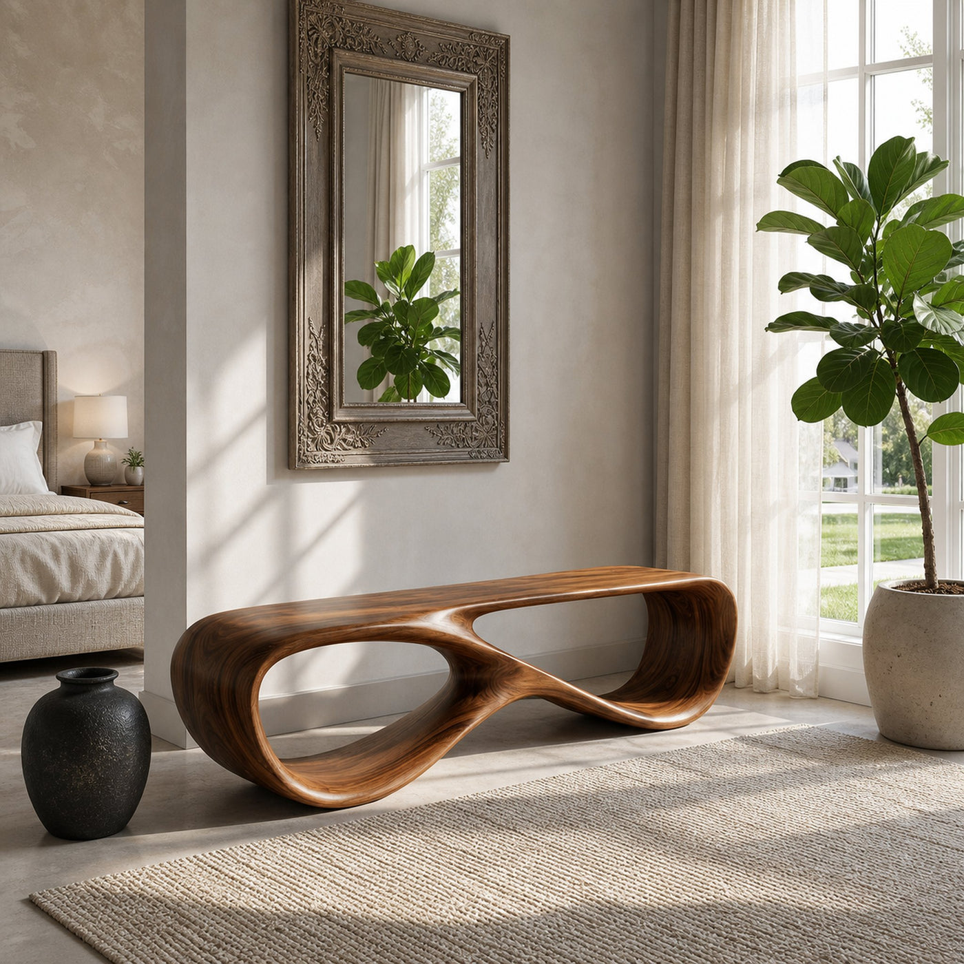 Minimalist Sculptural Wooden Bench For Entryway Decor - product view 6