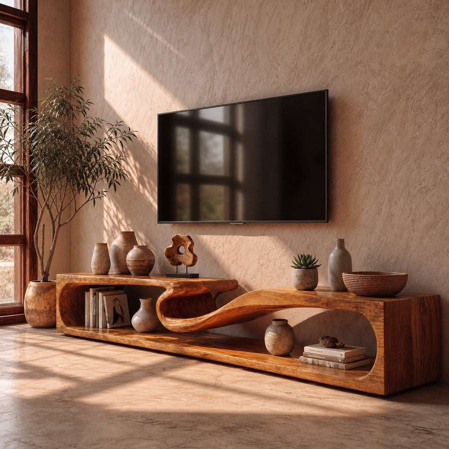 Minimalist TV Cabinet With Rounded Edge Wood Frame And Open Storage Design For Living Room