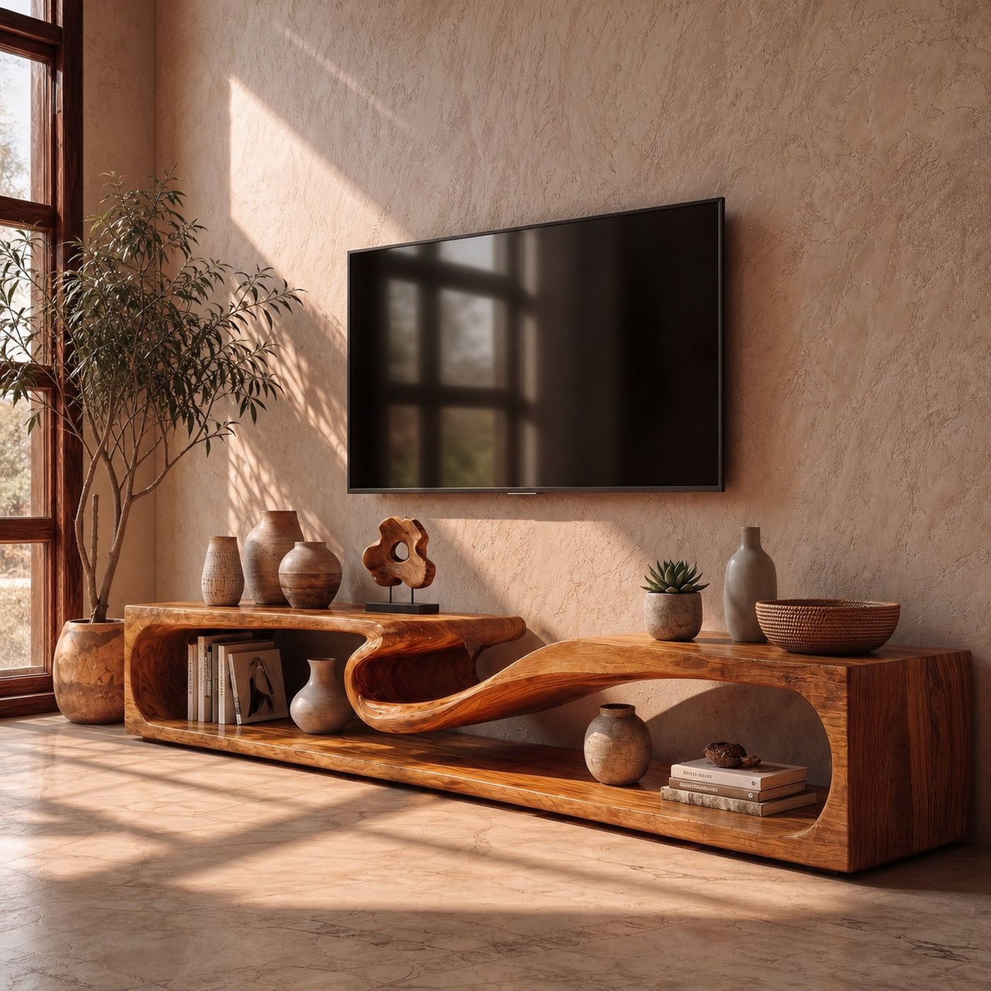 Minimalist TV Cabinet With Rounded Edge Wood Frame And Open Storage Design For Living Room