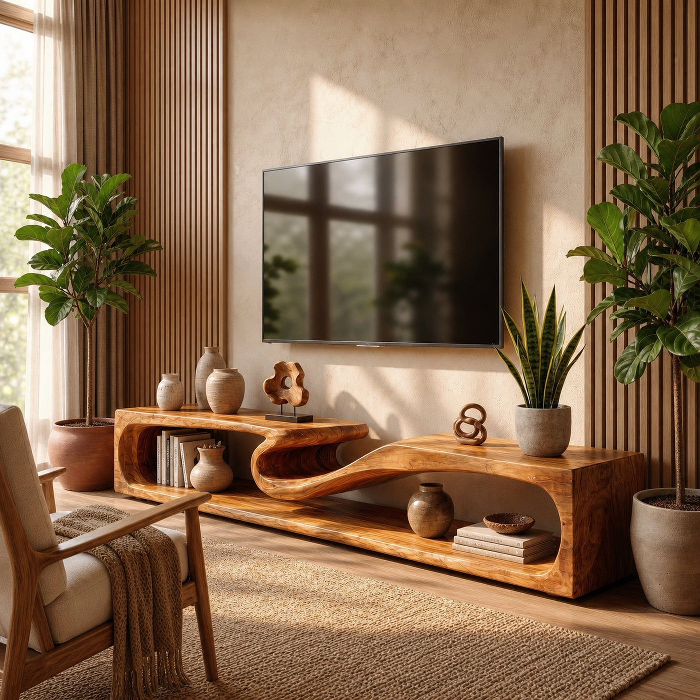 Minimalist TV Cabinet With Rounded Edge Wood Frame And Open Storage Design For Living Room - product view 6