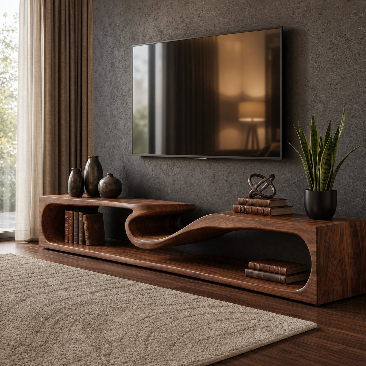 Minimalist TV Cabinet With Rounded Edge Wood Frame And Open Storage Design For Living Room - product view 7