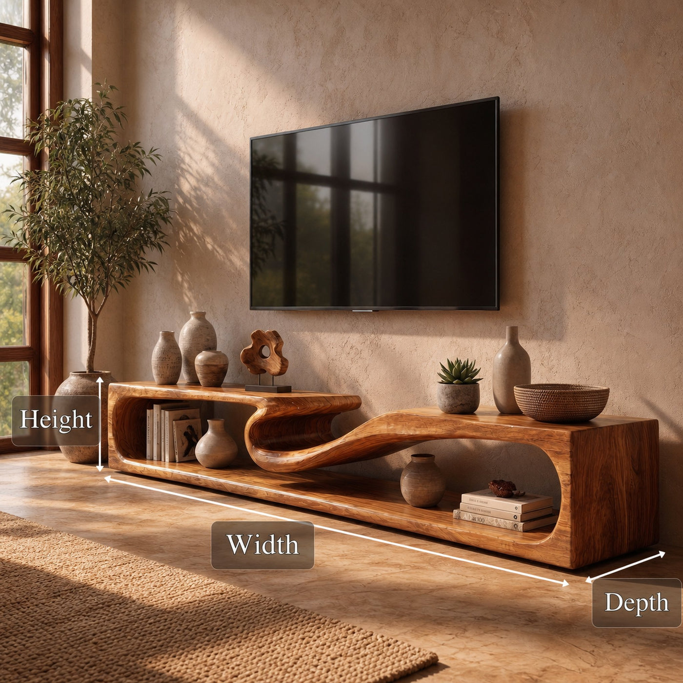 Minimalist TV Cabinet With Rounded Edge Wood Frame And Open Storage Design For Living Room - product view 8