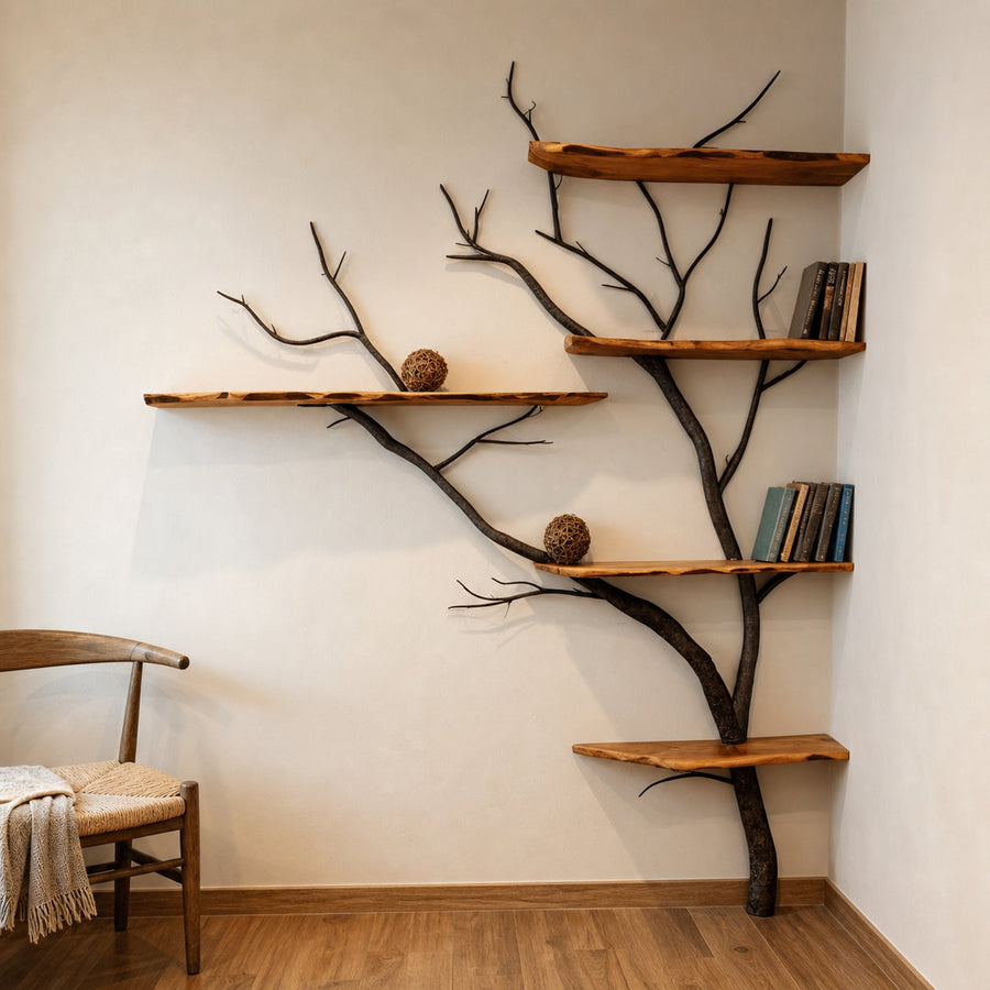 Minimalist Wild Mulberry Wood Corner Tree Bookshelf Decor For Living Room