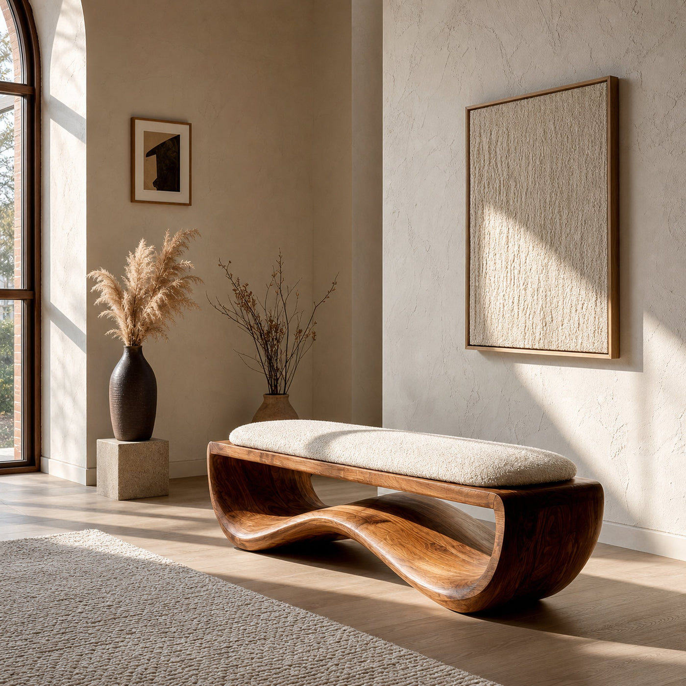 Minimalist Wood Bench With Flowing Base For Living Room Seating