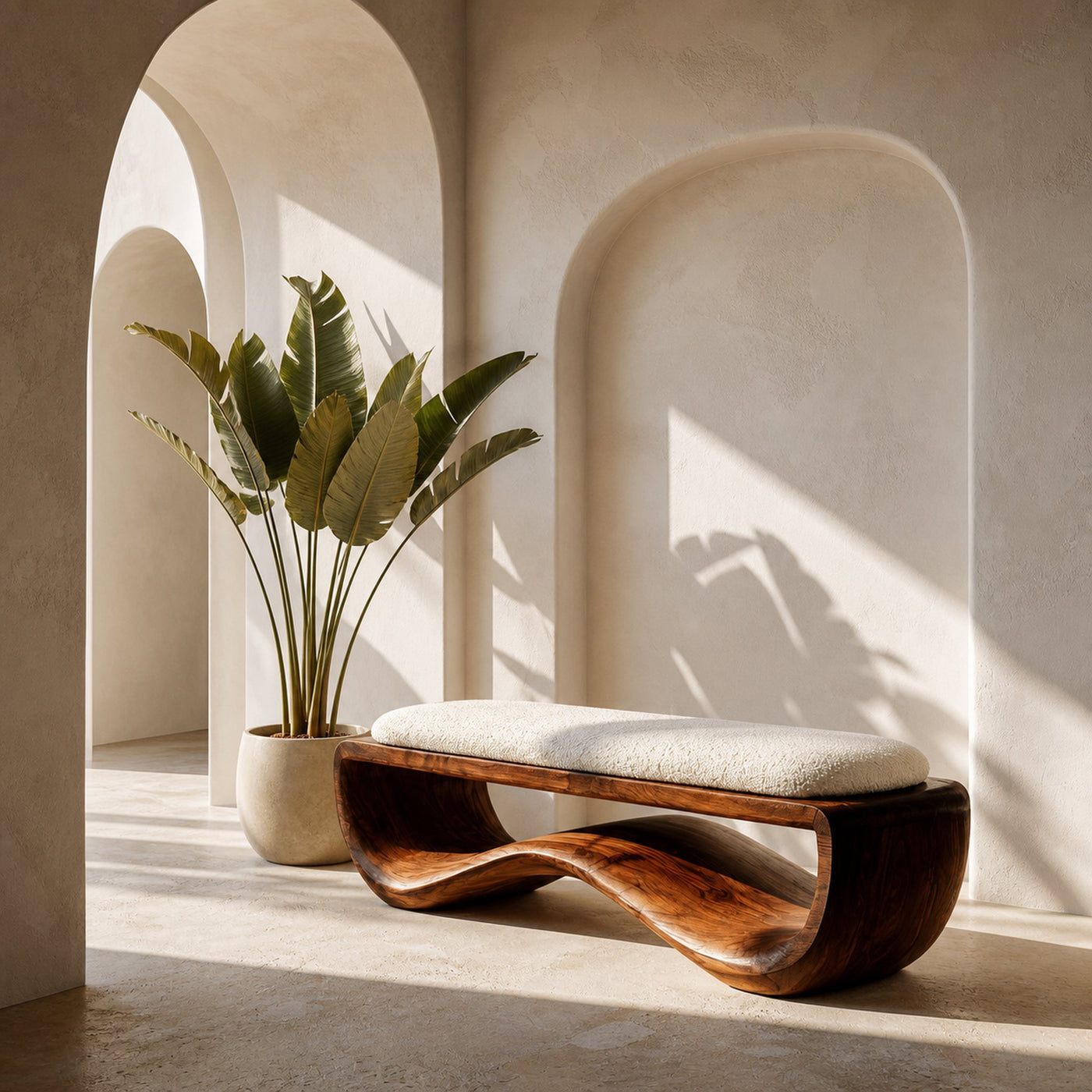 Minimalist Wood Bench With Flowing Base For Living Room Seating - product view 6