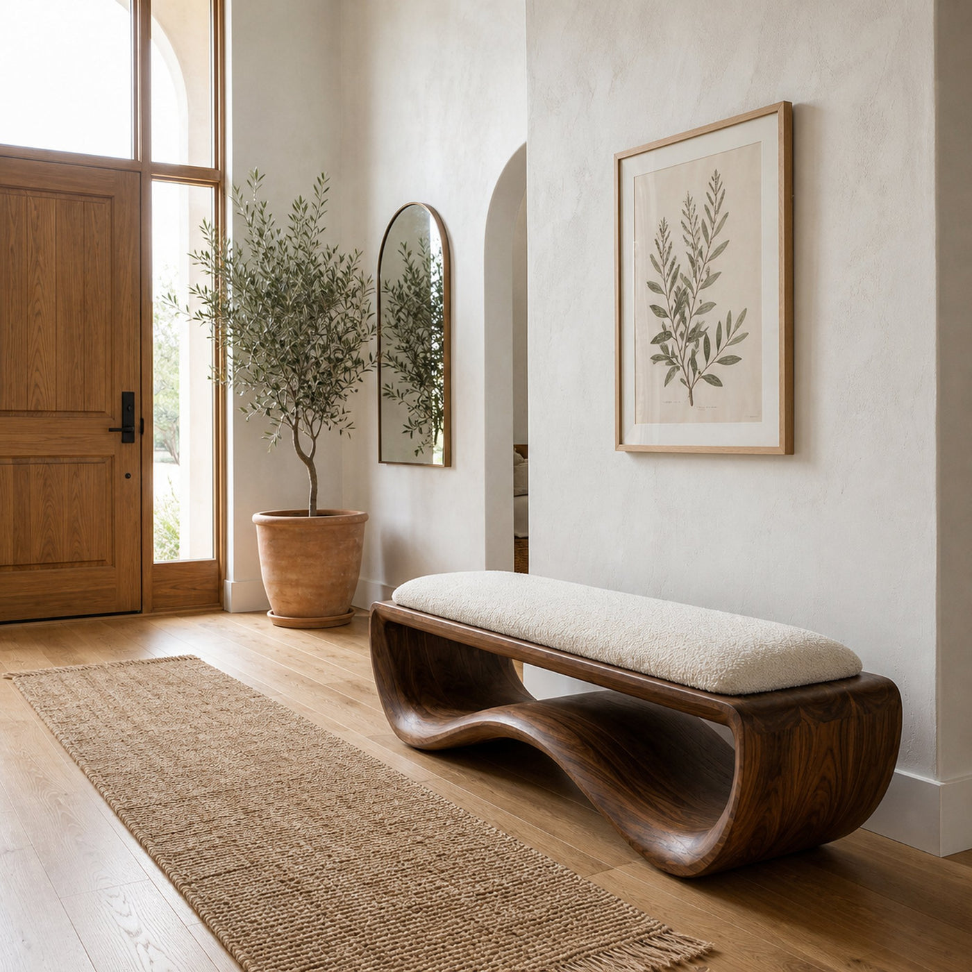 Minimalist Wood Bench With Flowing Base For Living Room Seating - product view 7