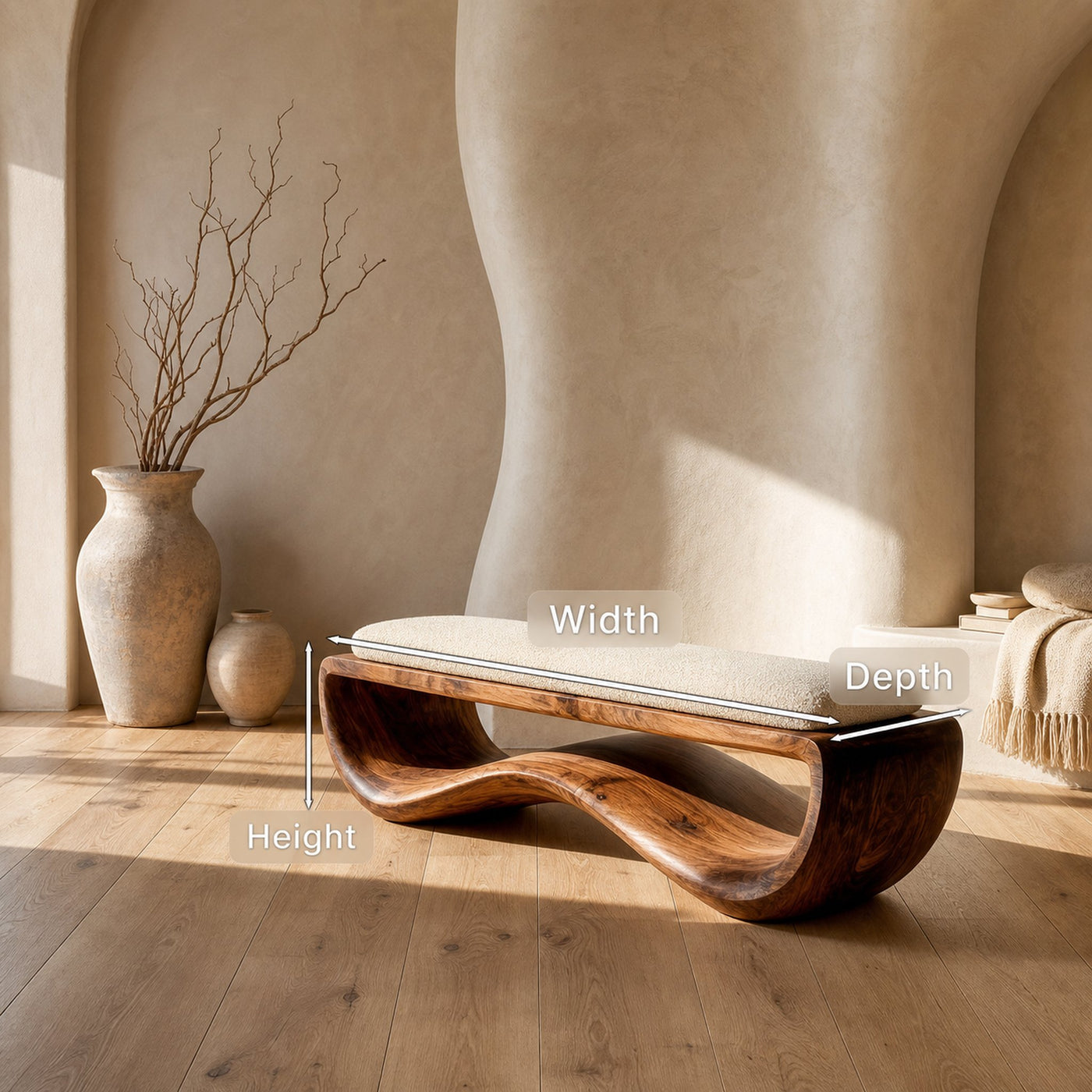 Minimalist Wood Bench With Flowing Base For Living Room Seating - product view 8