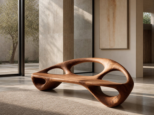 Minimalist Wood Bench With Sculptural Backrest For Living Room