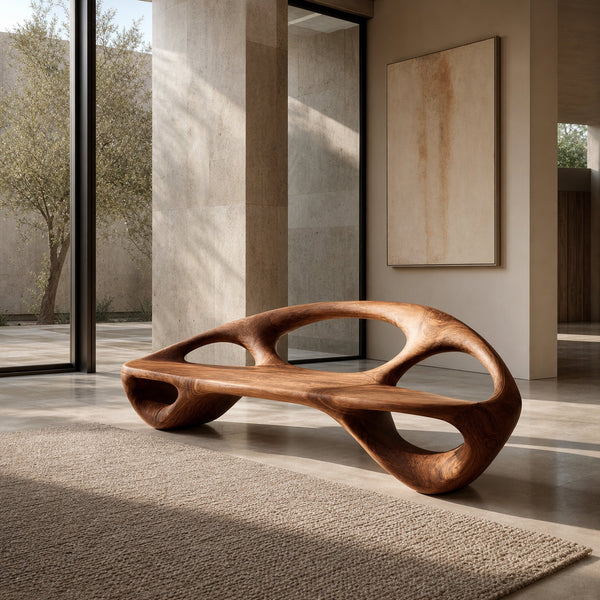 Minimalist Wood Bench With Sculptural Backrest For Living Room