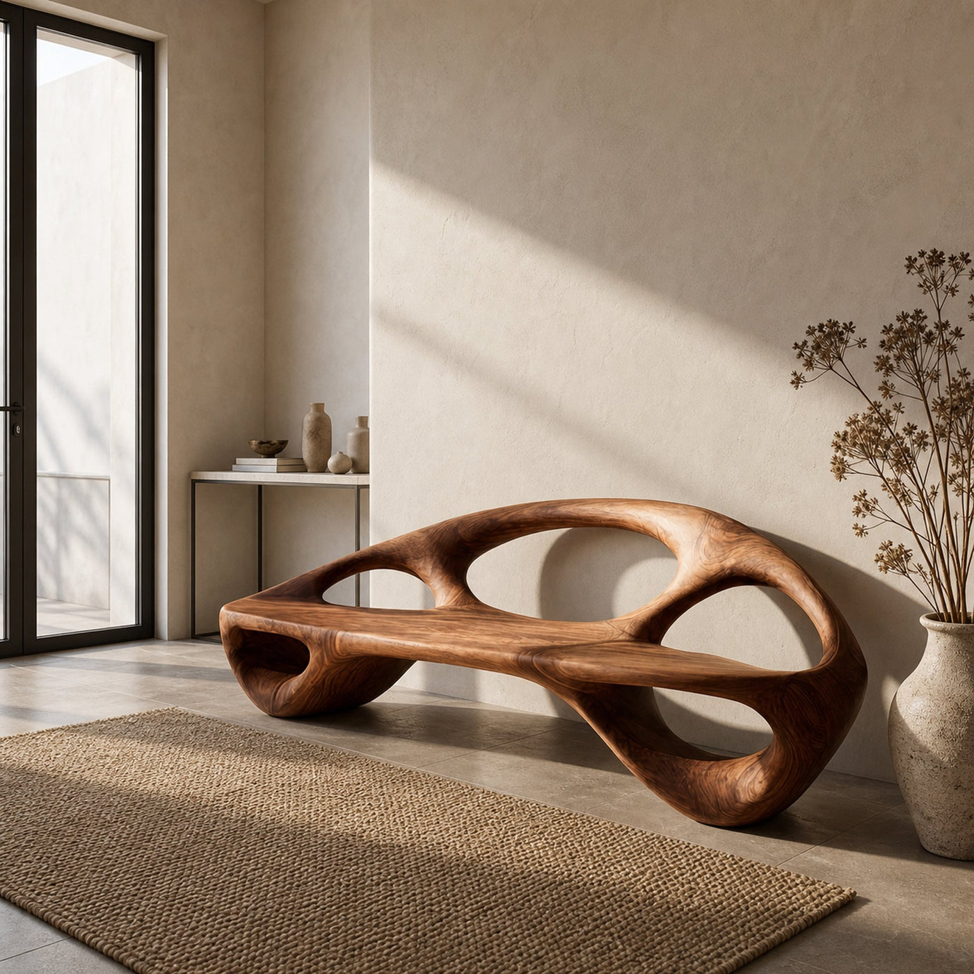 Minimalist Wood Bench With Sculptural Backrest For Living Room - product view 6