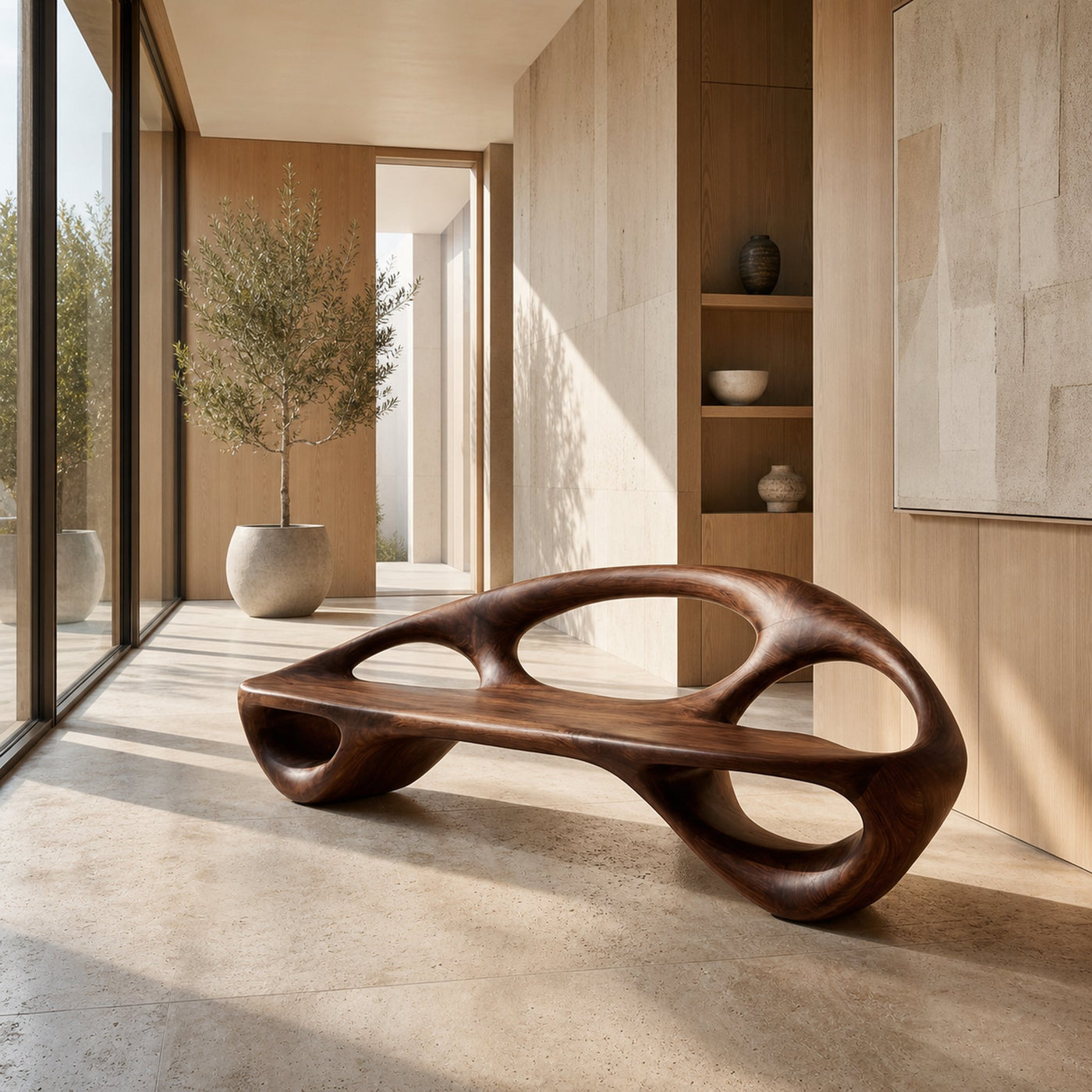 Minimalist Wood Bench With Sculptural Backrest For Living Room - product view 7