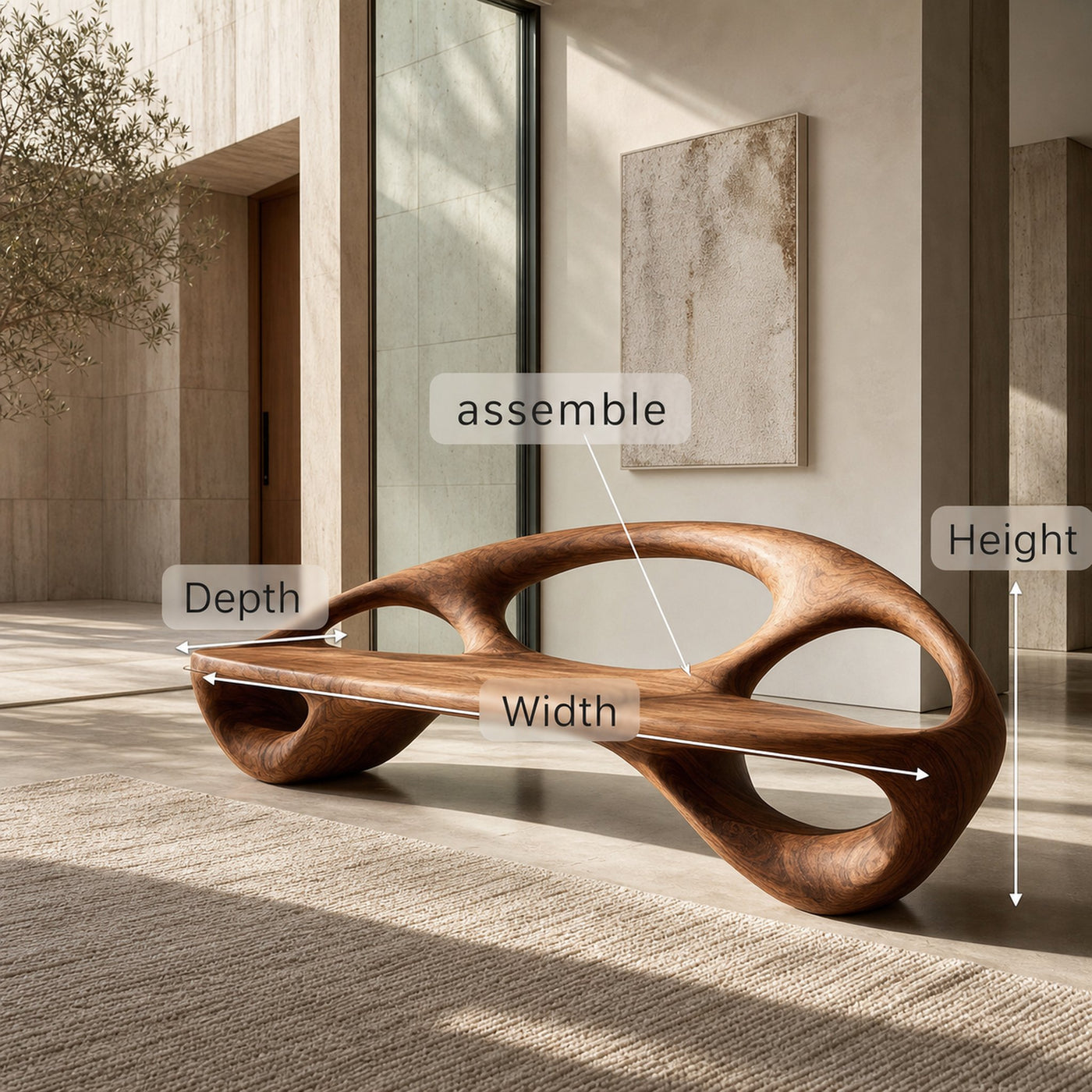 Minimalist Wood Bench With Sculptural Backrest For Living Room - product view 8