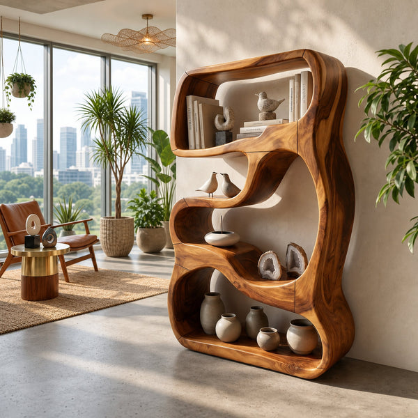 Minimalist Wooden Bookshelf Featuring Curved Side Panels