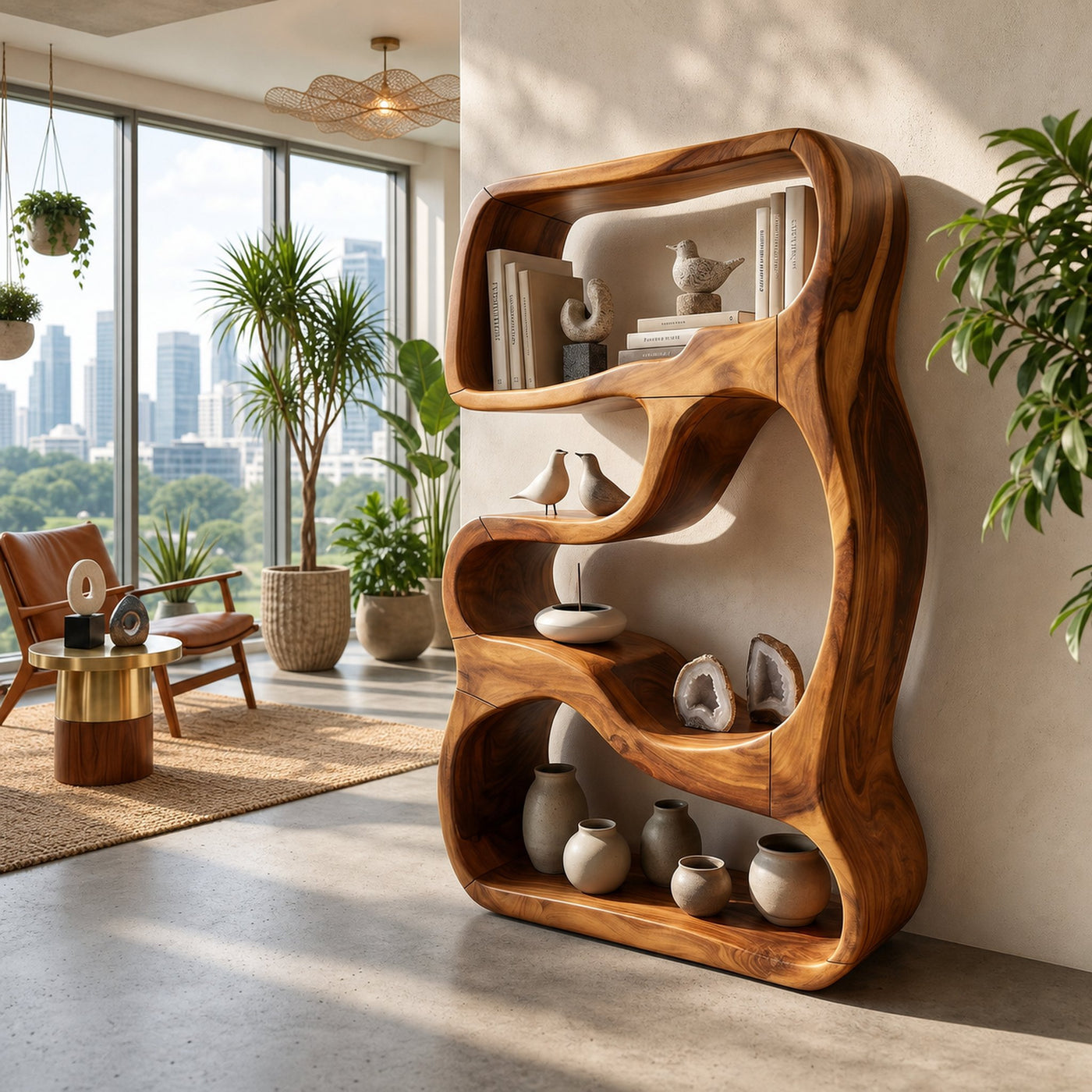 Minimalist Wooden Bookshelf Featuring Curved Side Panels
