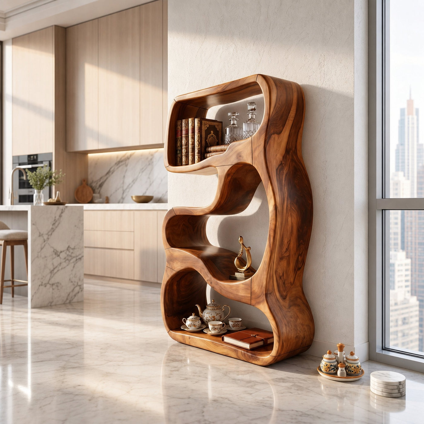 Minimalist Wooden Bookshelf Featuring Curved Side Panels - product view 6