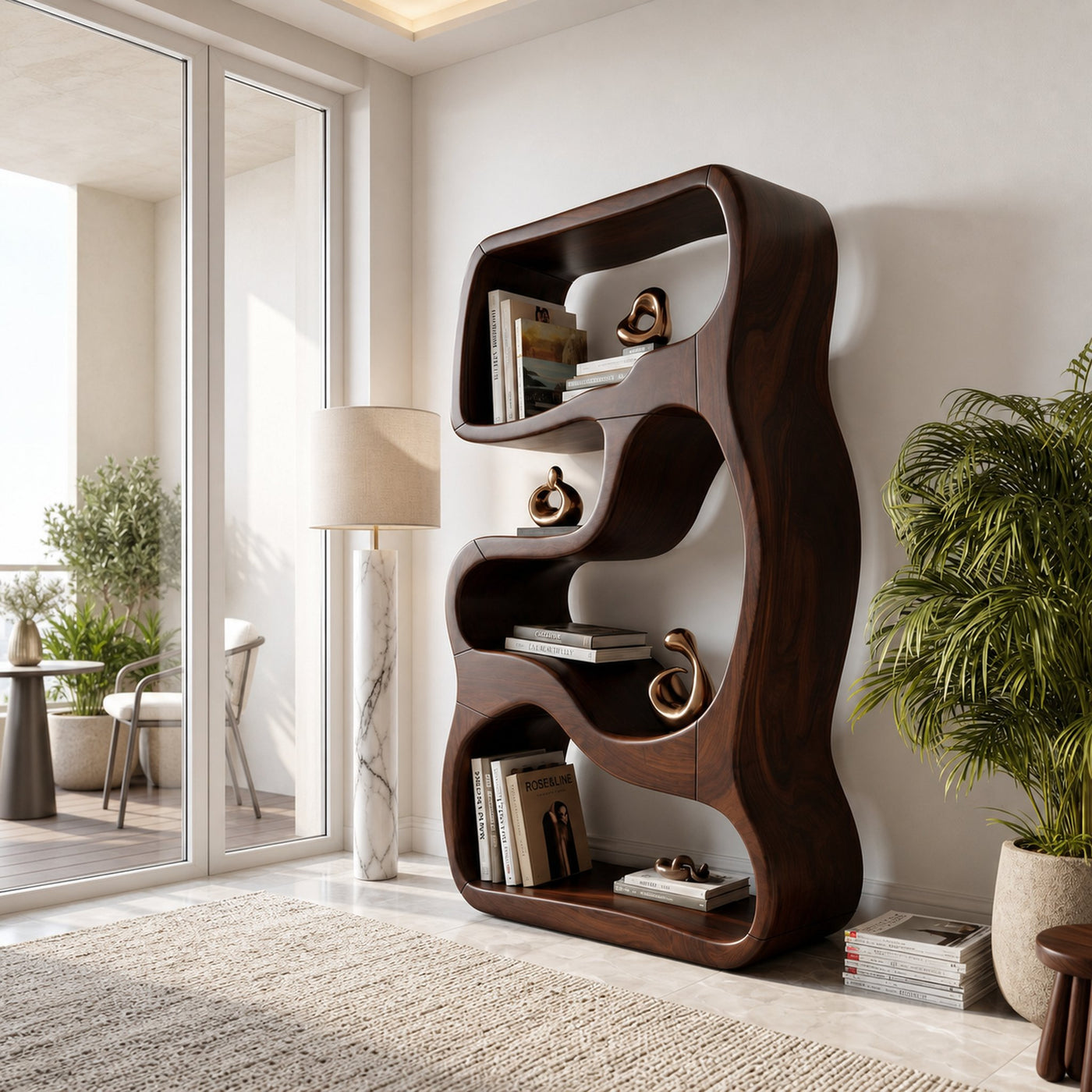 Minimalist Wooden Bookshelf Featuring Curved Side Panels - product view 7
