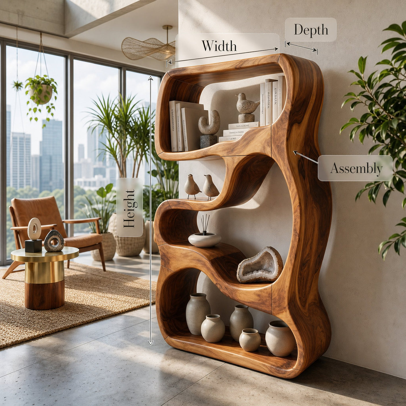 Minimalist Wooden Bookshelf Featuring Curved Side Panels - product view 8