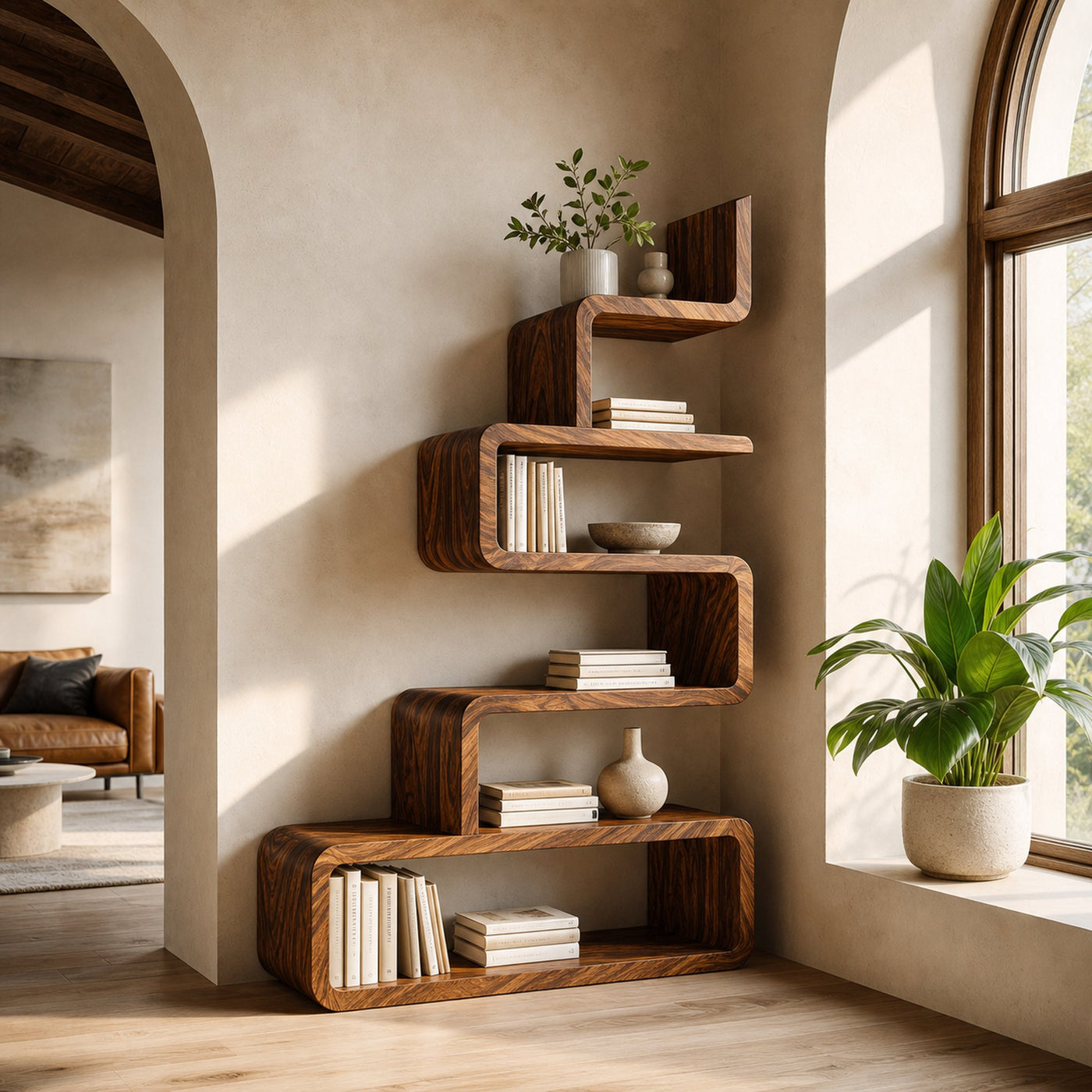 Minimalist Wooden Curved Bookshelf For Modern Interior