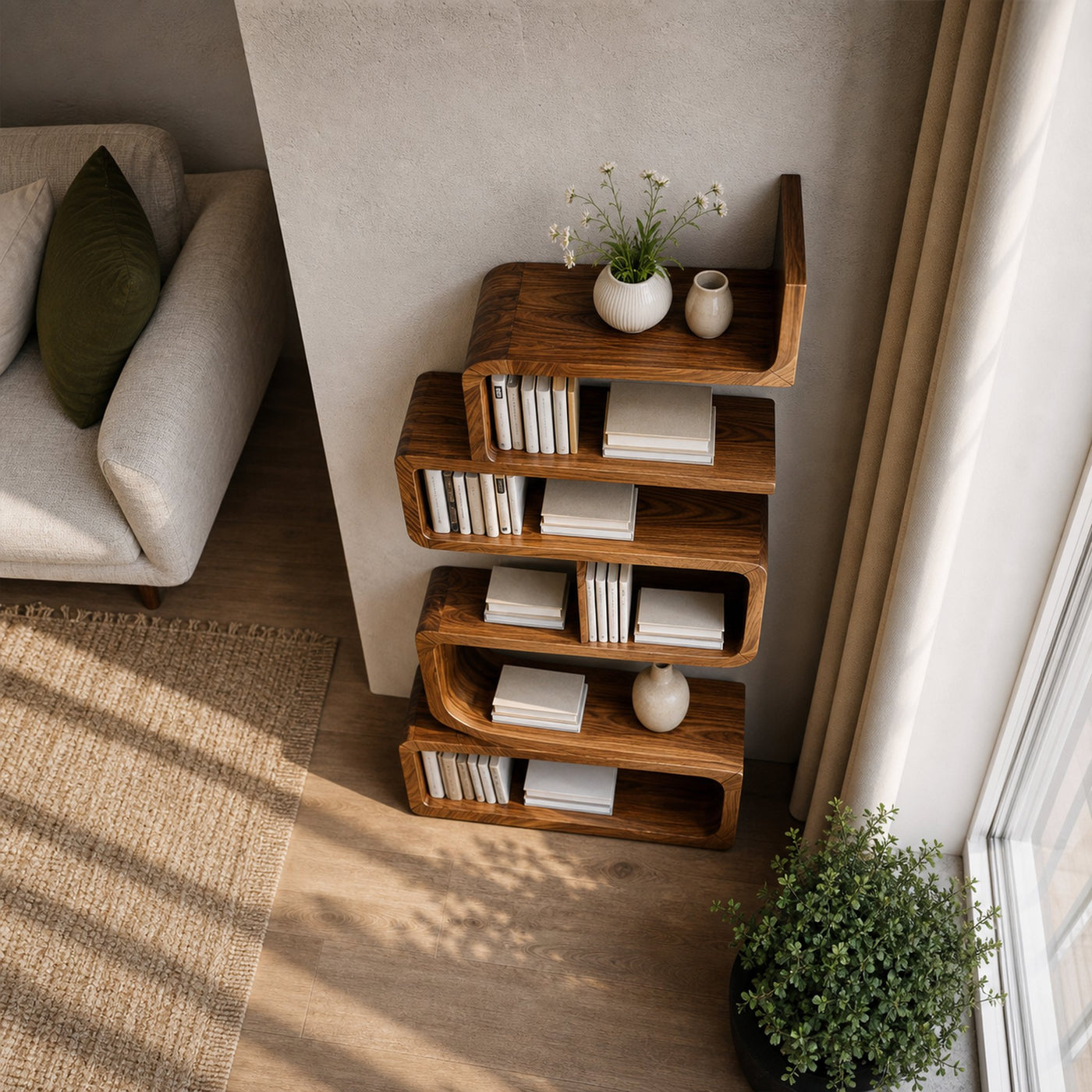 Minimalist Wooden Curved Bookshelf For Modern Interior - product view 6