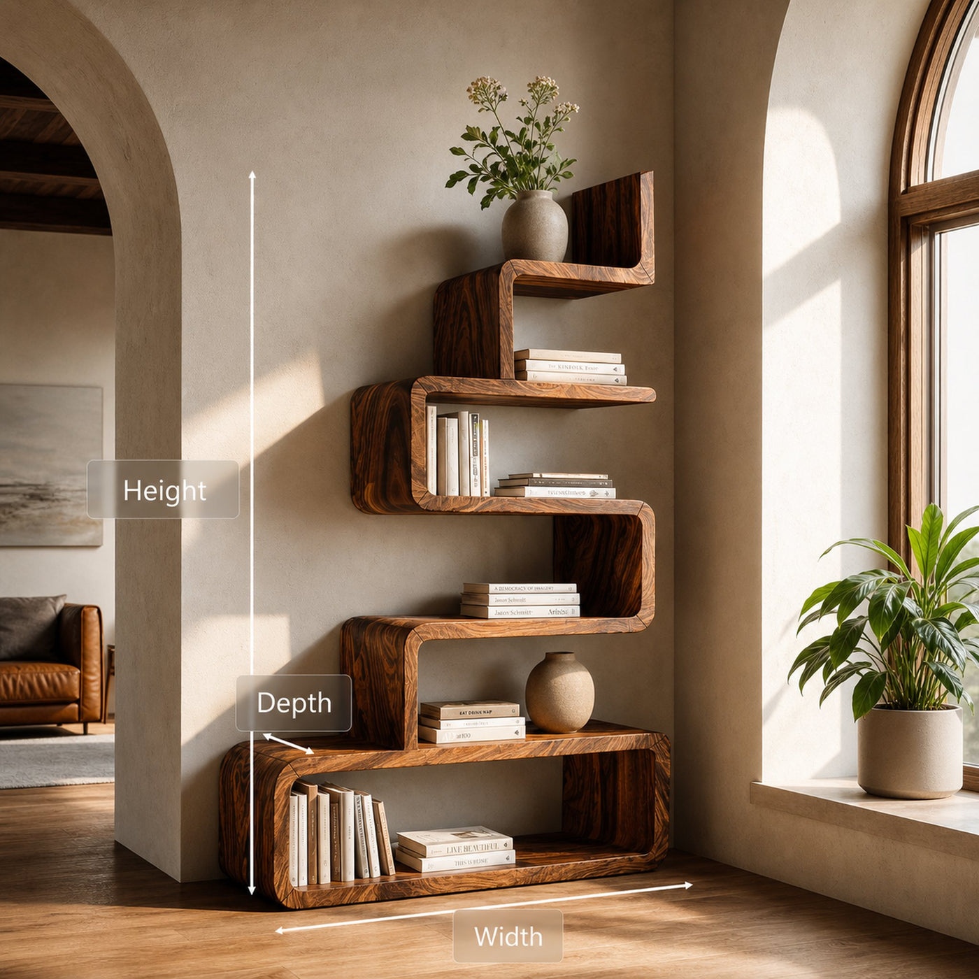 Minimalist Wooden Curved Bookshelf For Modern Interior - product view 7