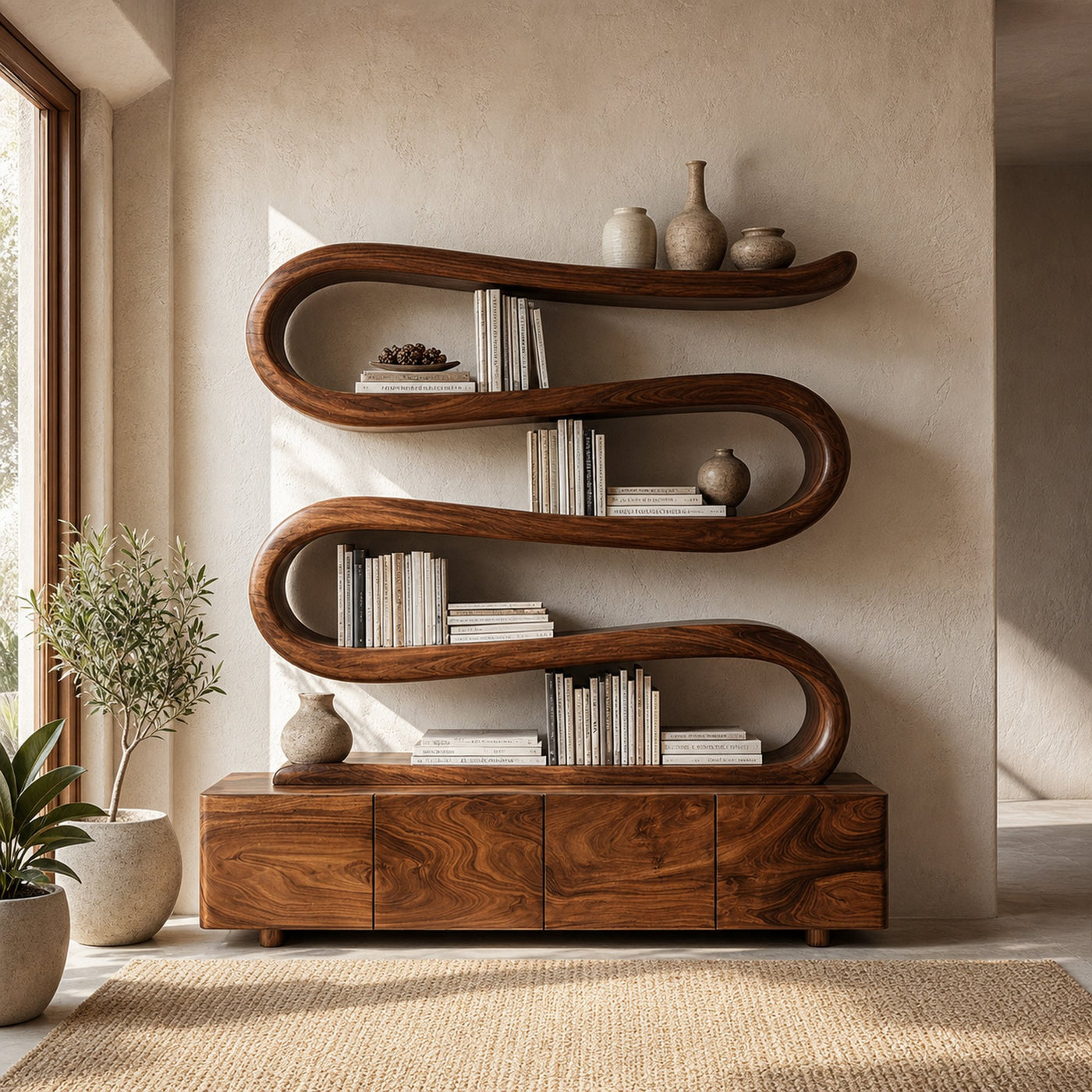 Modern Abstract Bookshelf With Undulating Shelf For Living Room