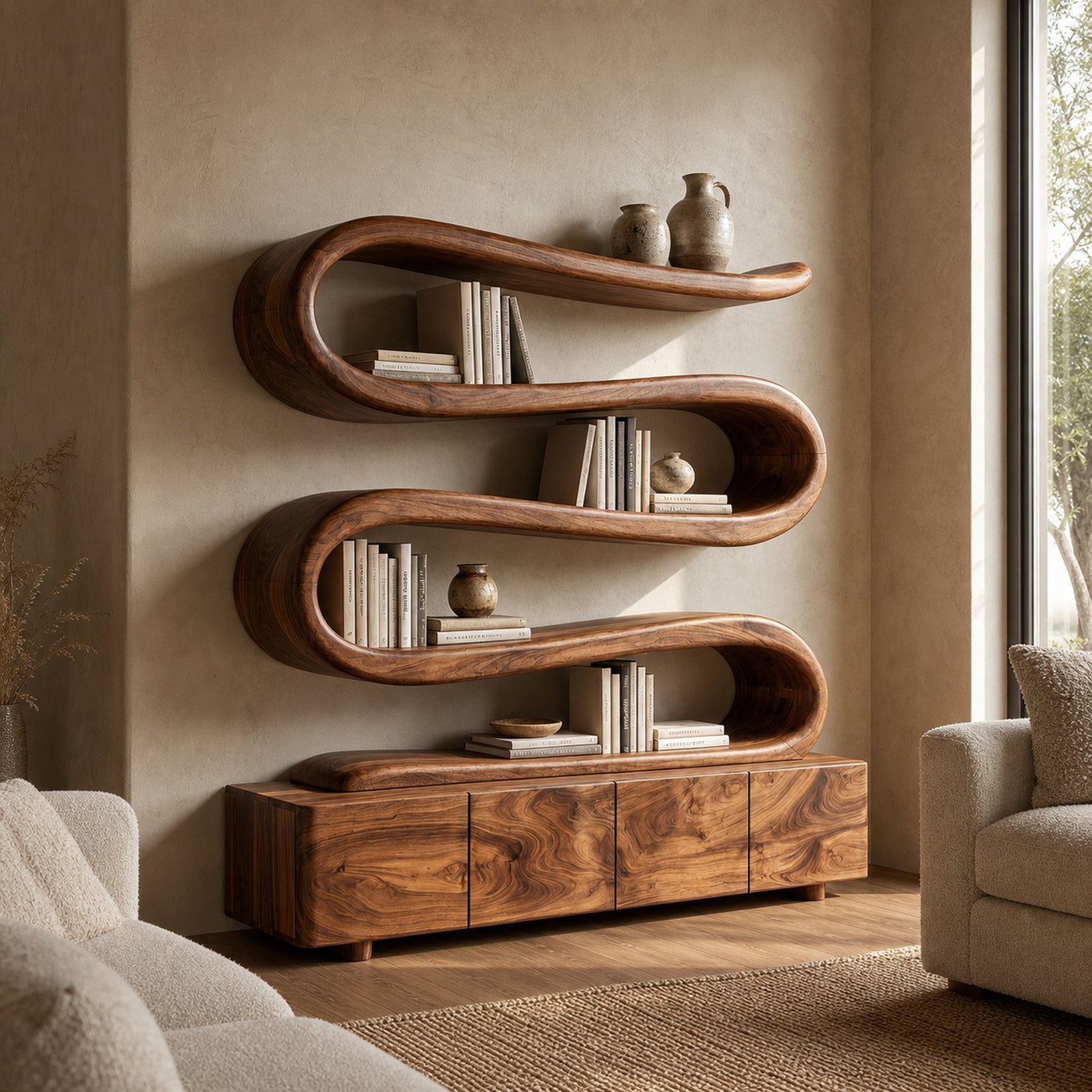 Modern Abstract Bookshelf With Undulating Shelf For Living Room - product view 3
