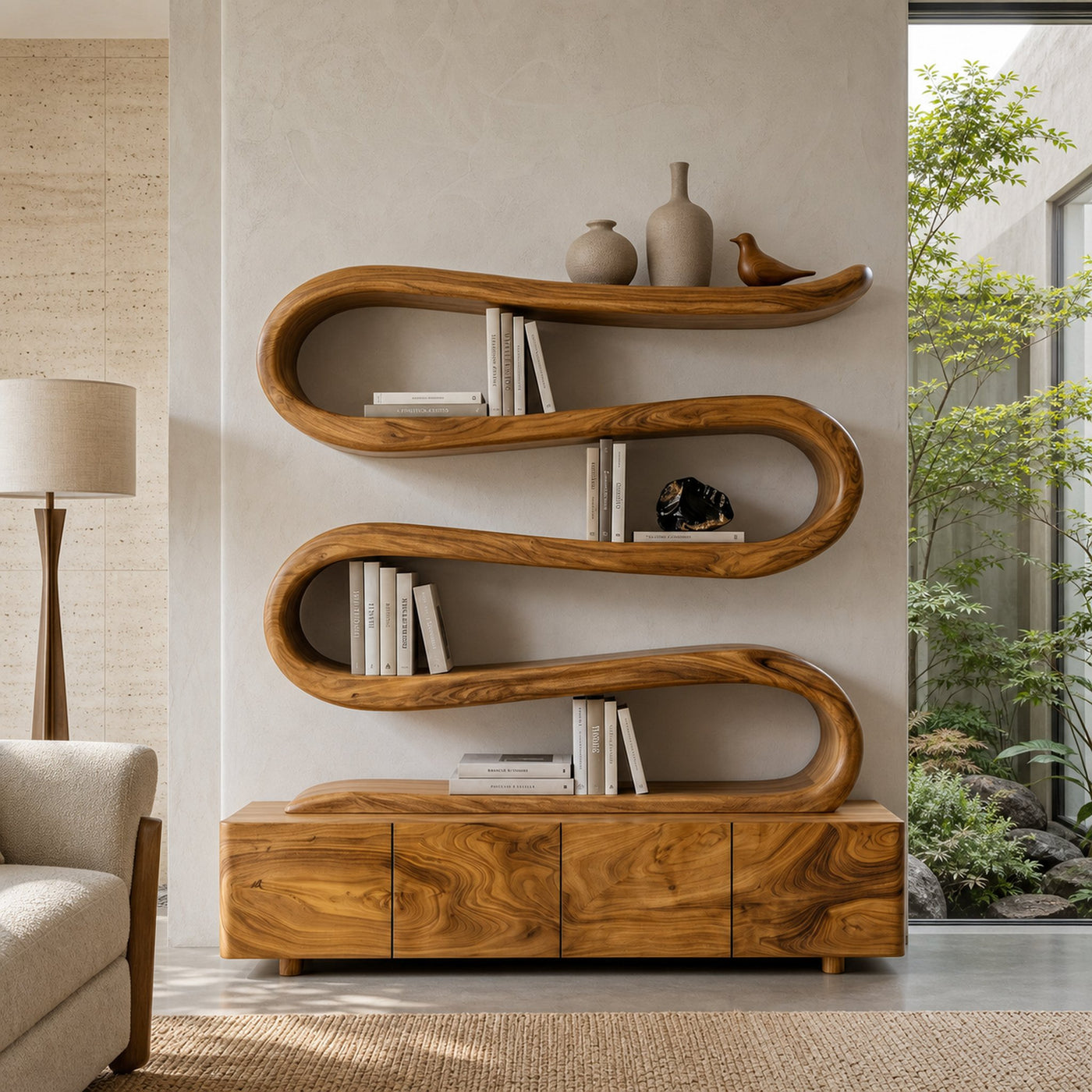 Modern Abstract Bookshelf With Undulating Shelf For Living Room - product view 5
