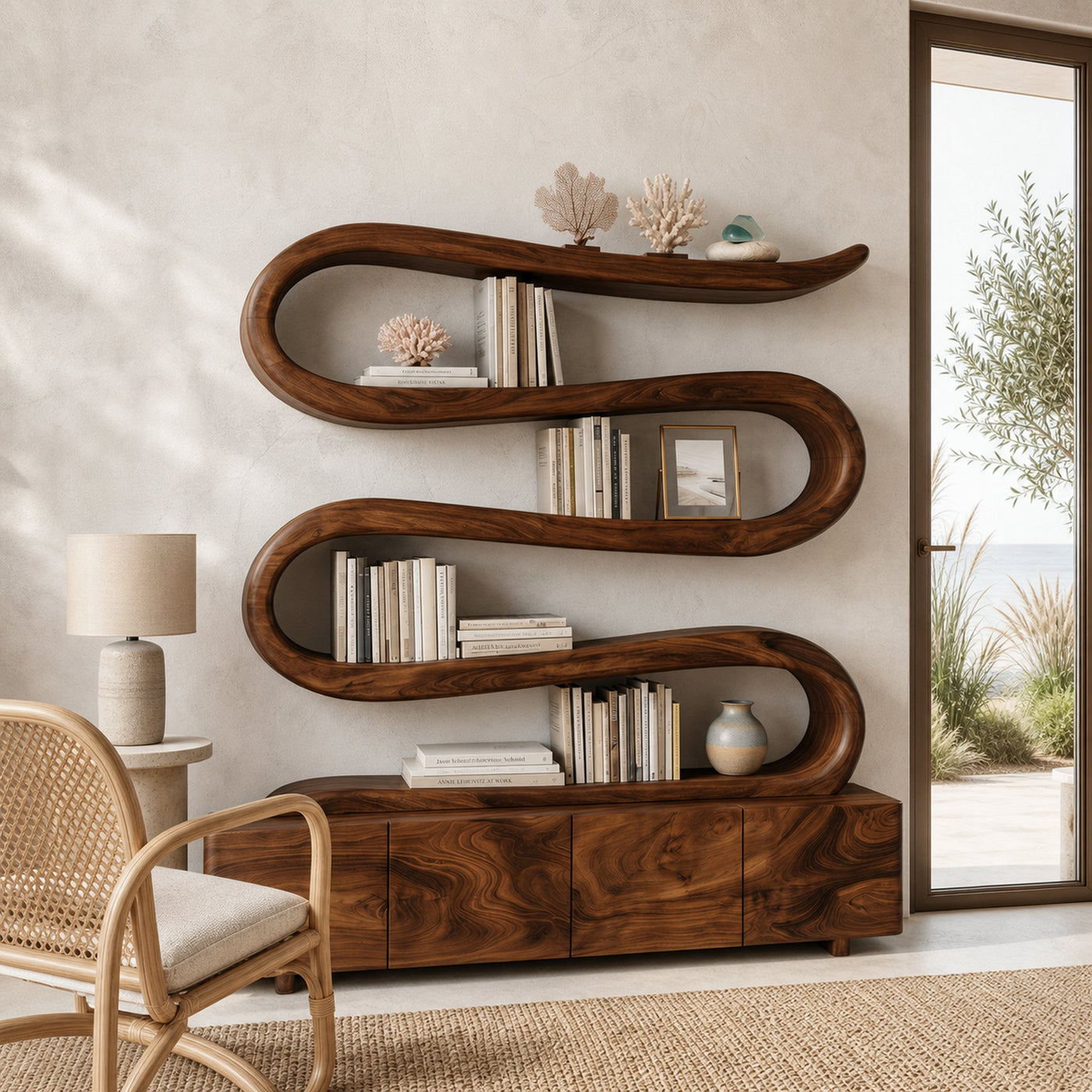 Modern Abstract Bookshelf With Undulating Shelf For Living Room - product view 6