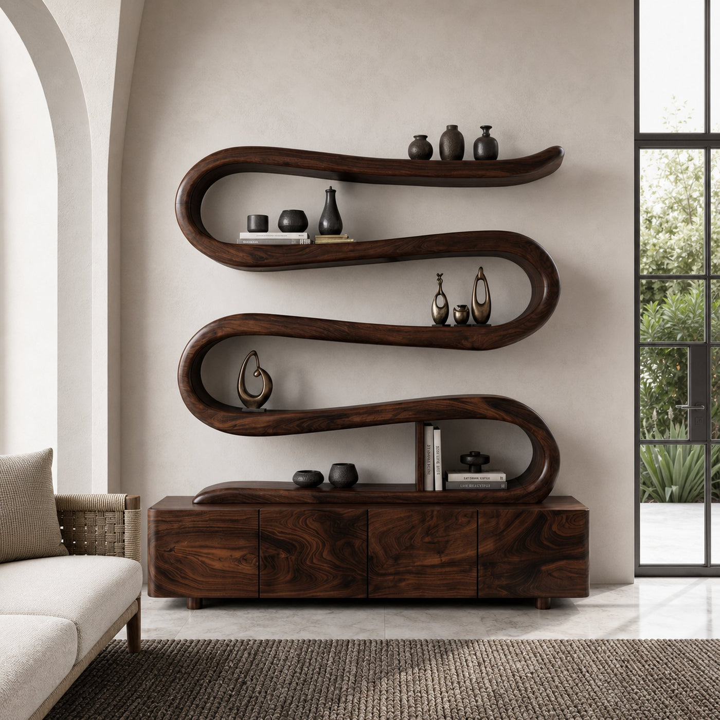 Modern Abstract Bookshelf With Undulating Shelf For Living Room - product view 7