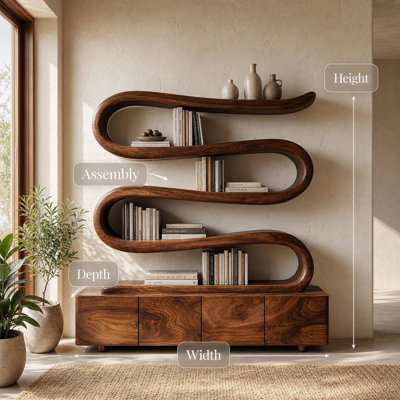 Modern Abstract Bookshelf With Undulating Shelf For Living Room - product view 8