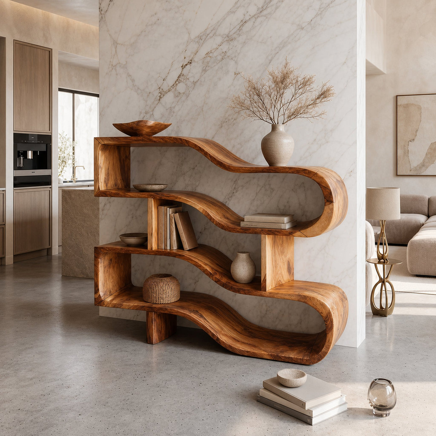 Modern Architectural Wooden Display Shelf With Floating Curves