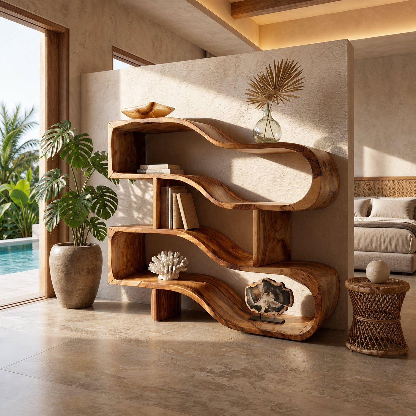 Modern Architectural Wooden Display Shelf With Floating Curves - product view 6