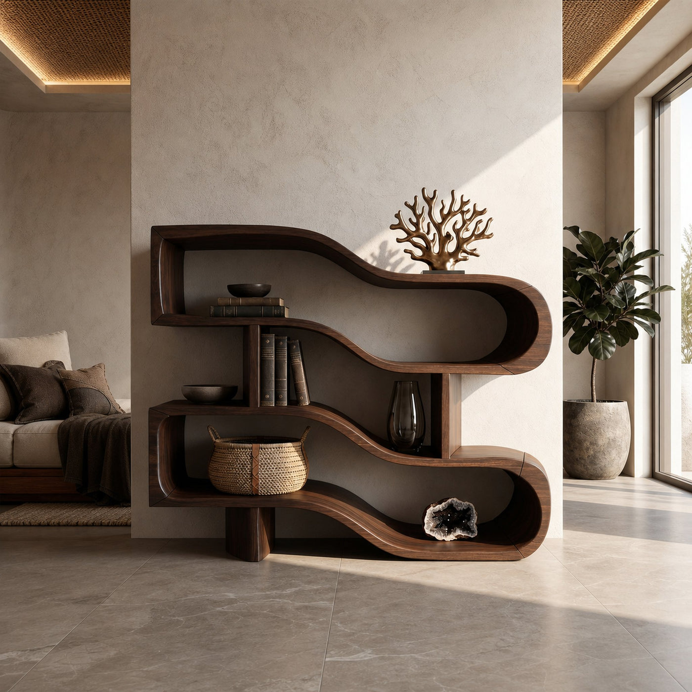 Modern Architectural Wooden Display Shelf With Floating Curves - product view 7