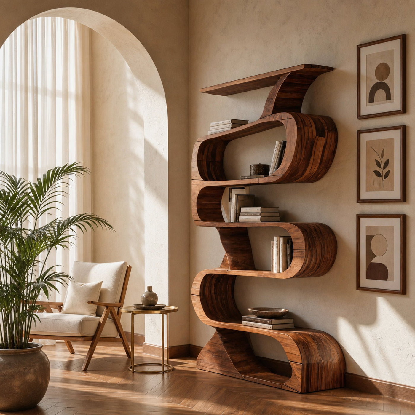Modern Bookshelf With Curved Design For Living Room