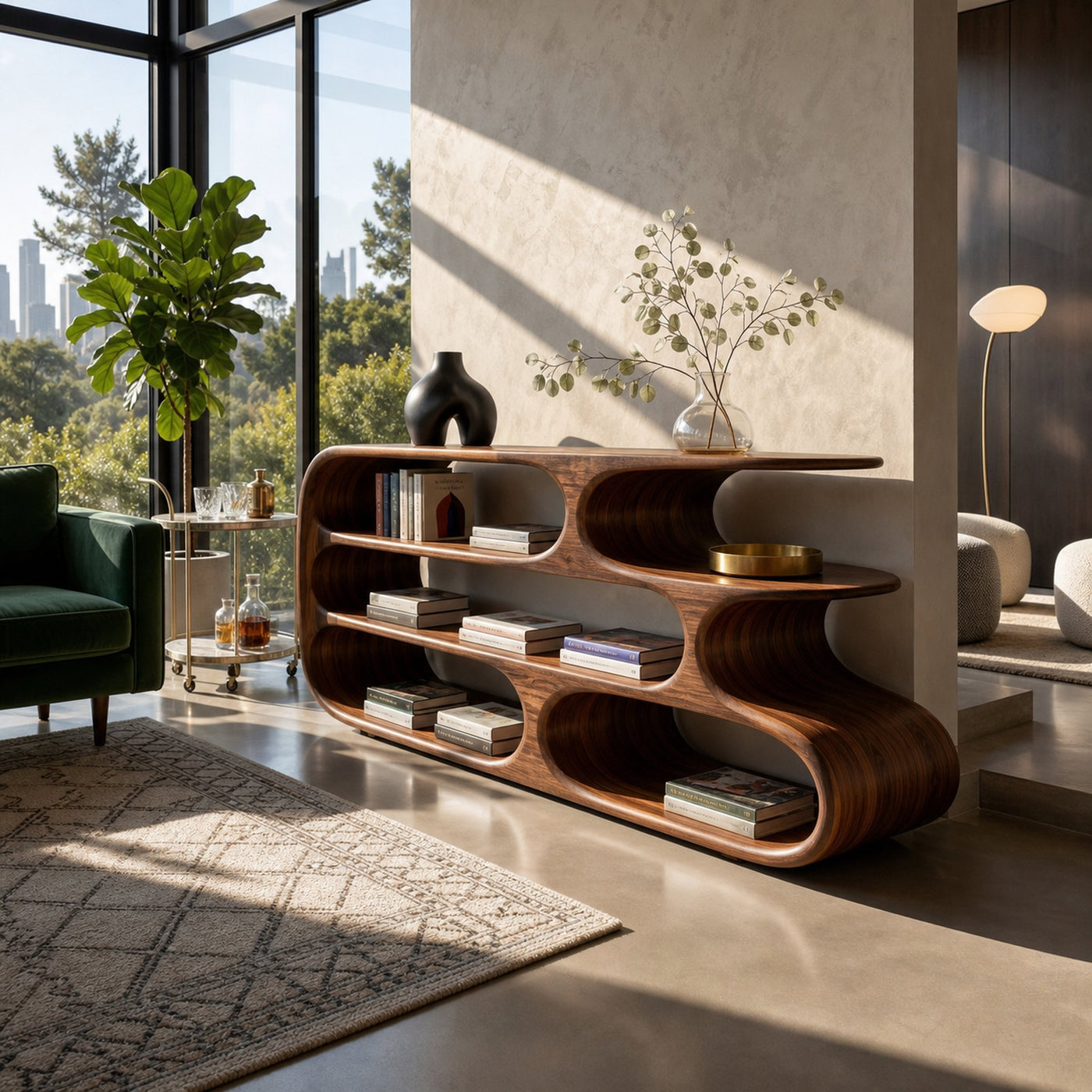 Modern Bookshelf With Sculptural Curves For Living Room Interior