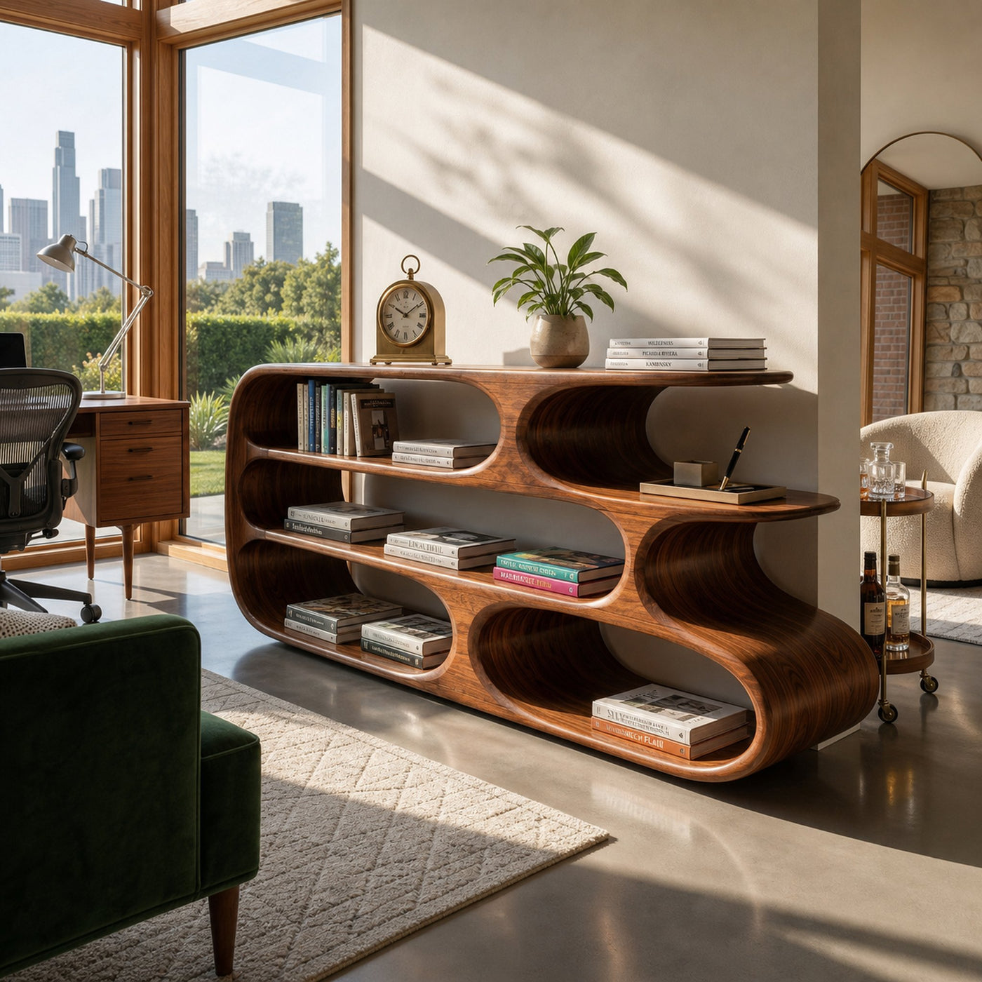 Modern Bookshelf With Sculptural Curves For Living Room Interior - product view 6