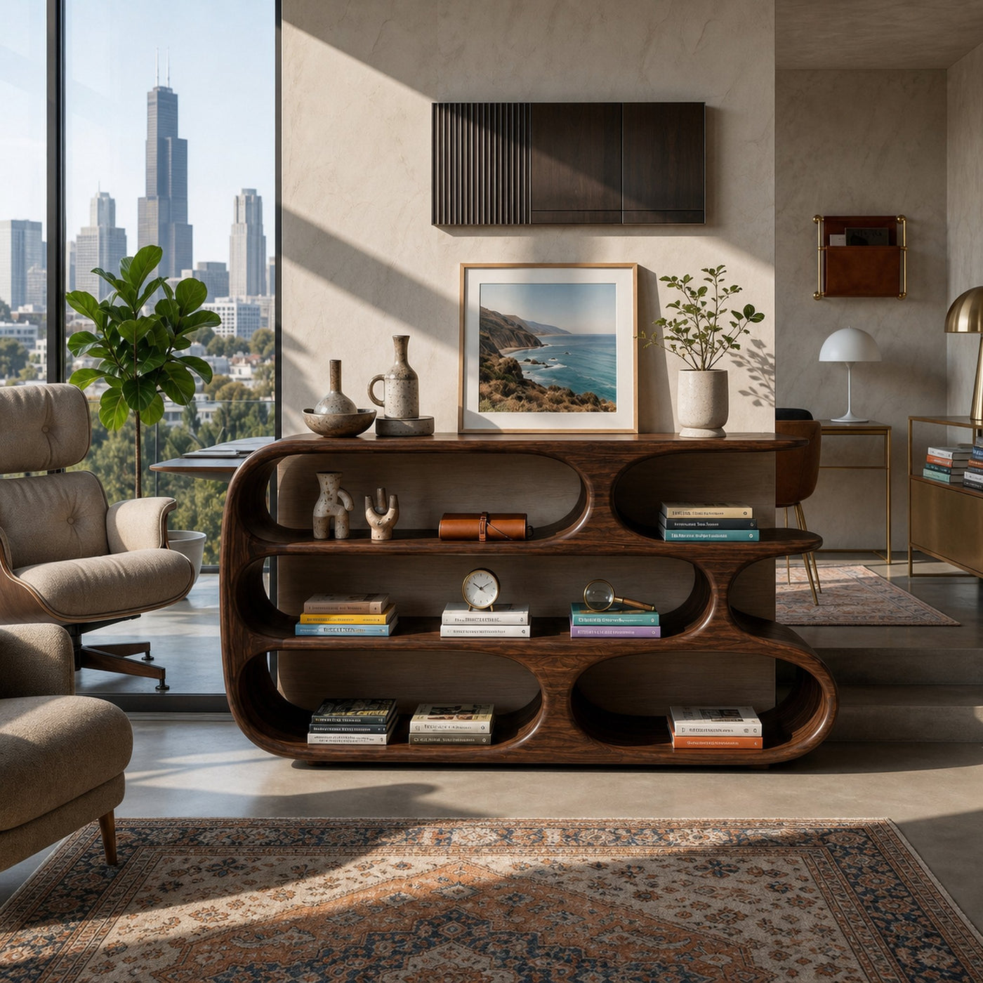 Modern Bookshelf With Sculptural Curves For Living Room Interior - product view 7