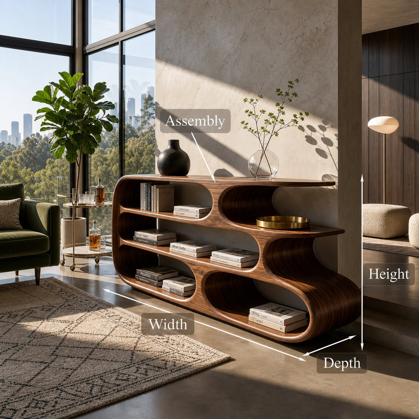 Modern Bookshelf With Sculptural Curves For Living Room Interior - product view 8