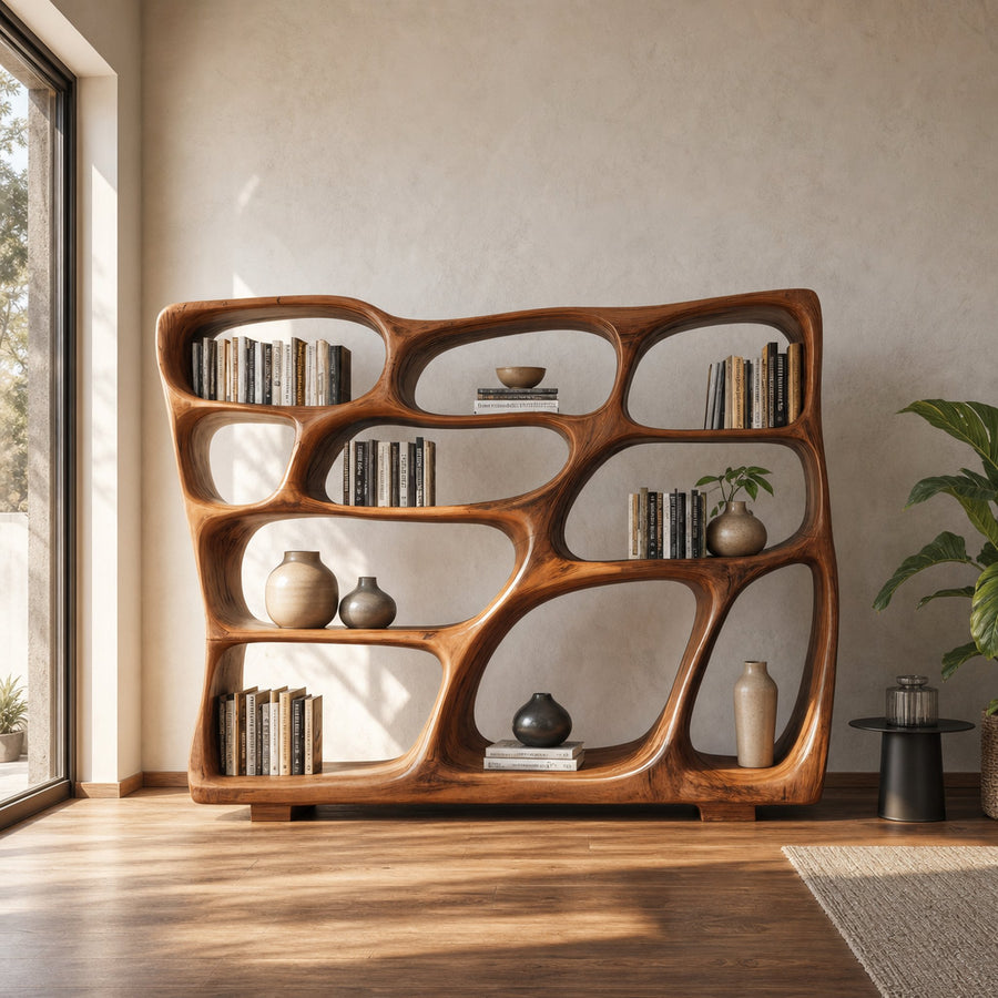 Modern Bookshelf With Sculptural Open Design For Living Room
