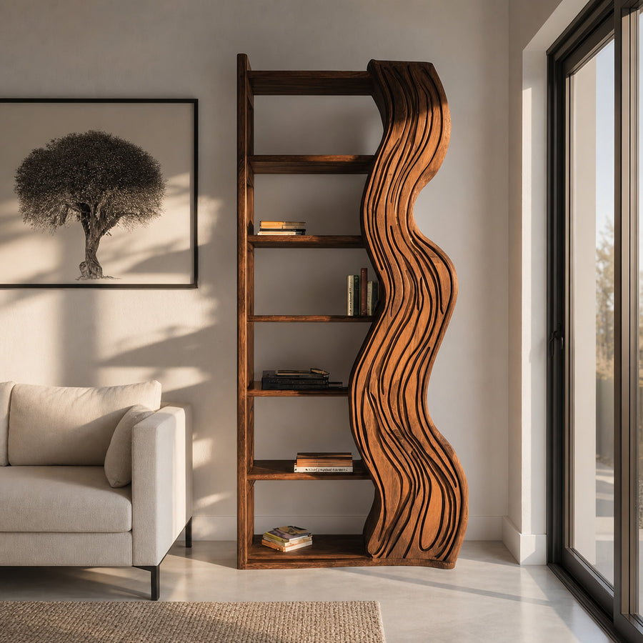 Modern Bookshelf With Wave Carved Side Panel For Office