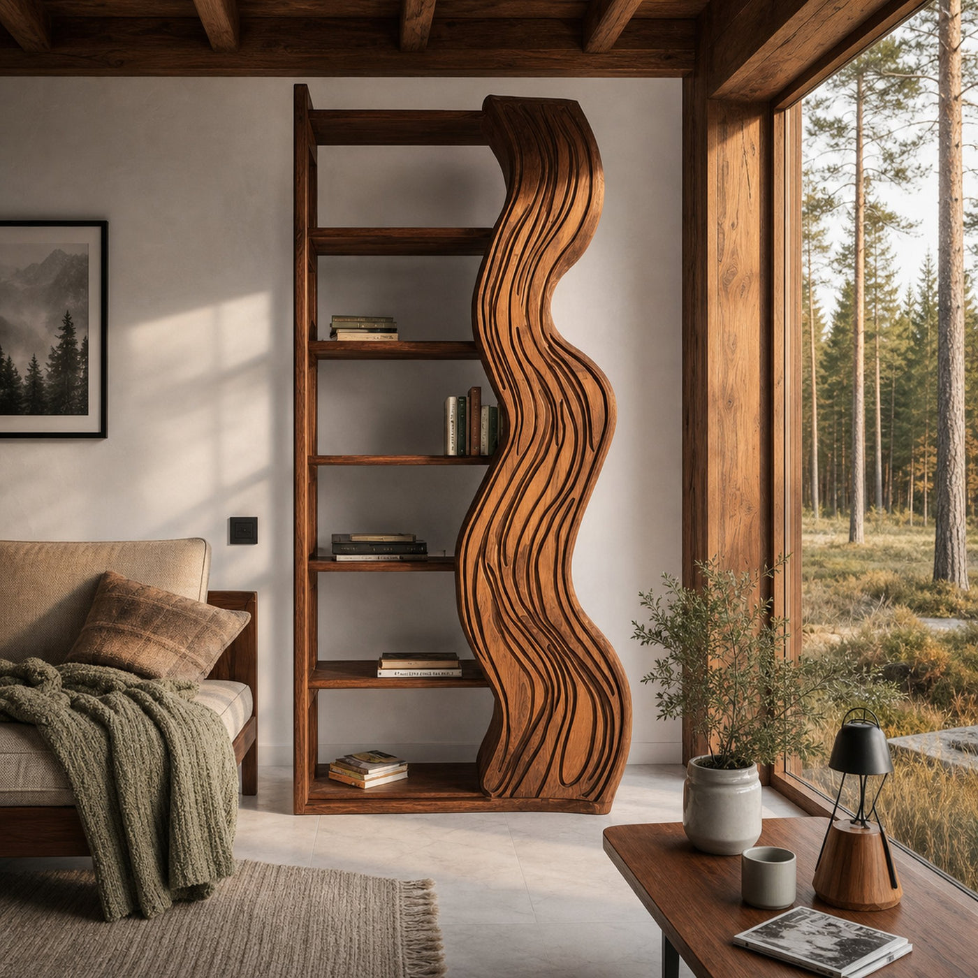 Modern Bookshelf With Wave Carved Side Panel For Office - product view 6