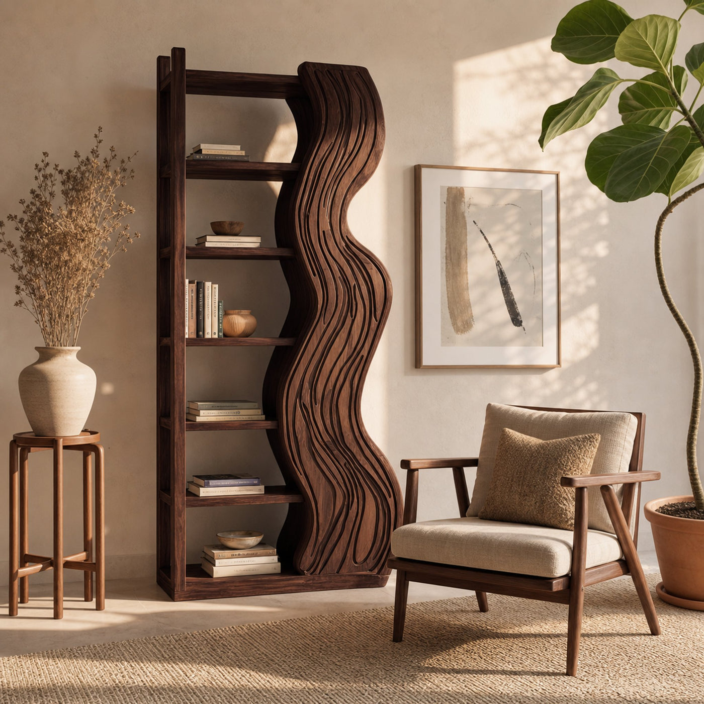Modern Bookshelf With Wave Carved Side Panel For Office - product view 7